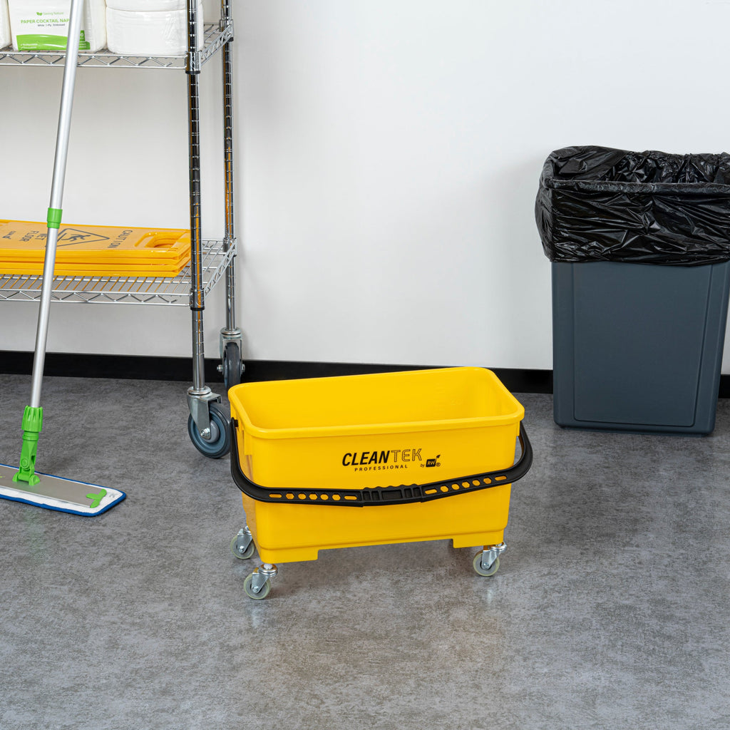 Clean Tek Professional 25 Qt Yellow Bucket - with Wheels, Sieve - 22" x 11 1/2" x 13 1/2" - 1 count box