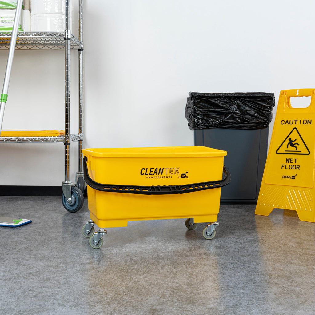 Clean Tek Professional 25 Qt Yellow Bucket - with Wheels, Sieve - 22" x 11 1/2" x 13 1/2" - 1 count box