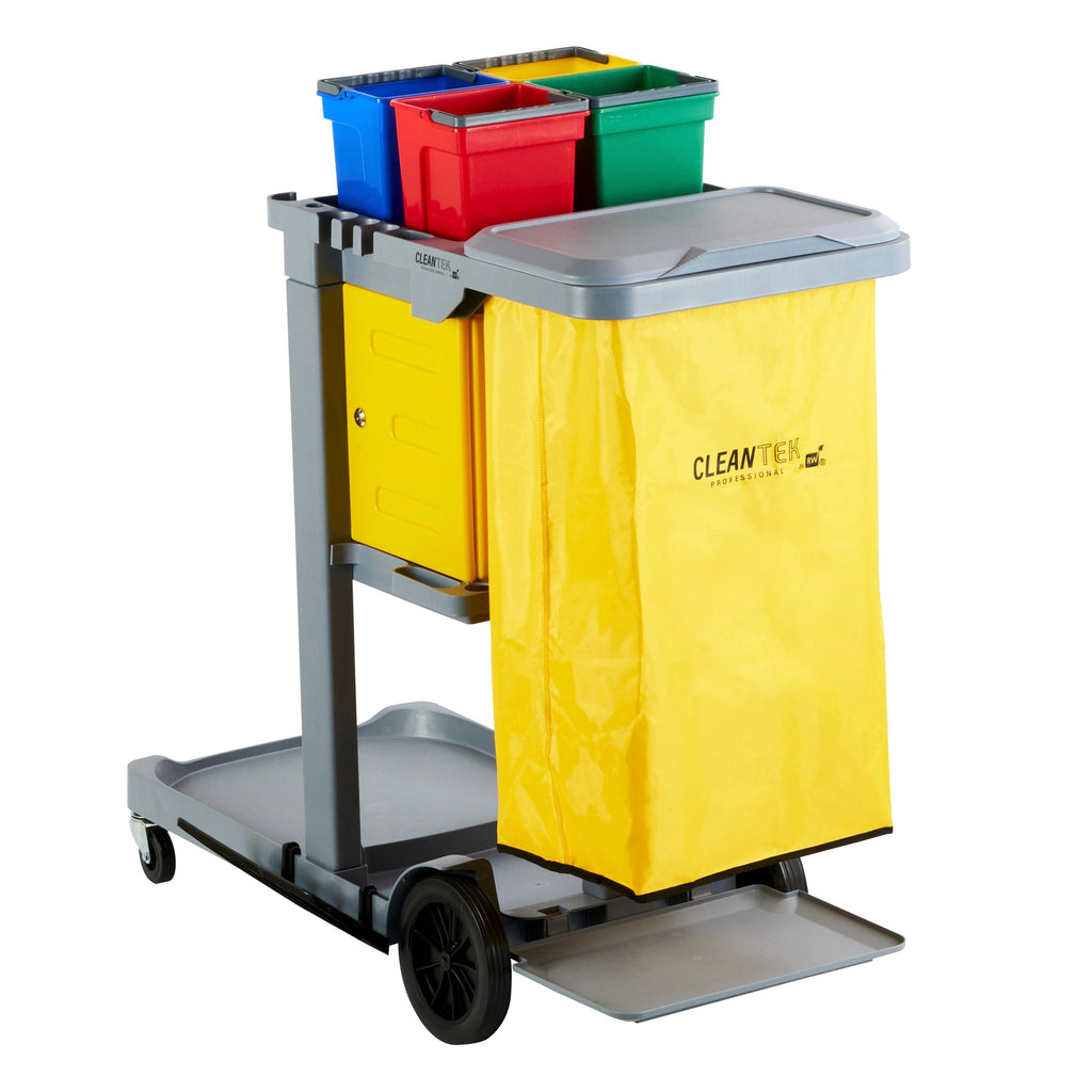 Clean Tek Professional Gray 3-Shelf Janitor Cart - 18 gal Bag, Lid, 4 Buckets and 1 Locking Cabinet - 44" x 28" x 43 1/4" - 1 count box