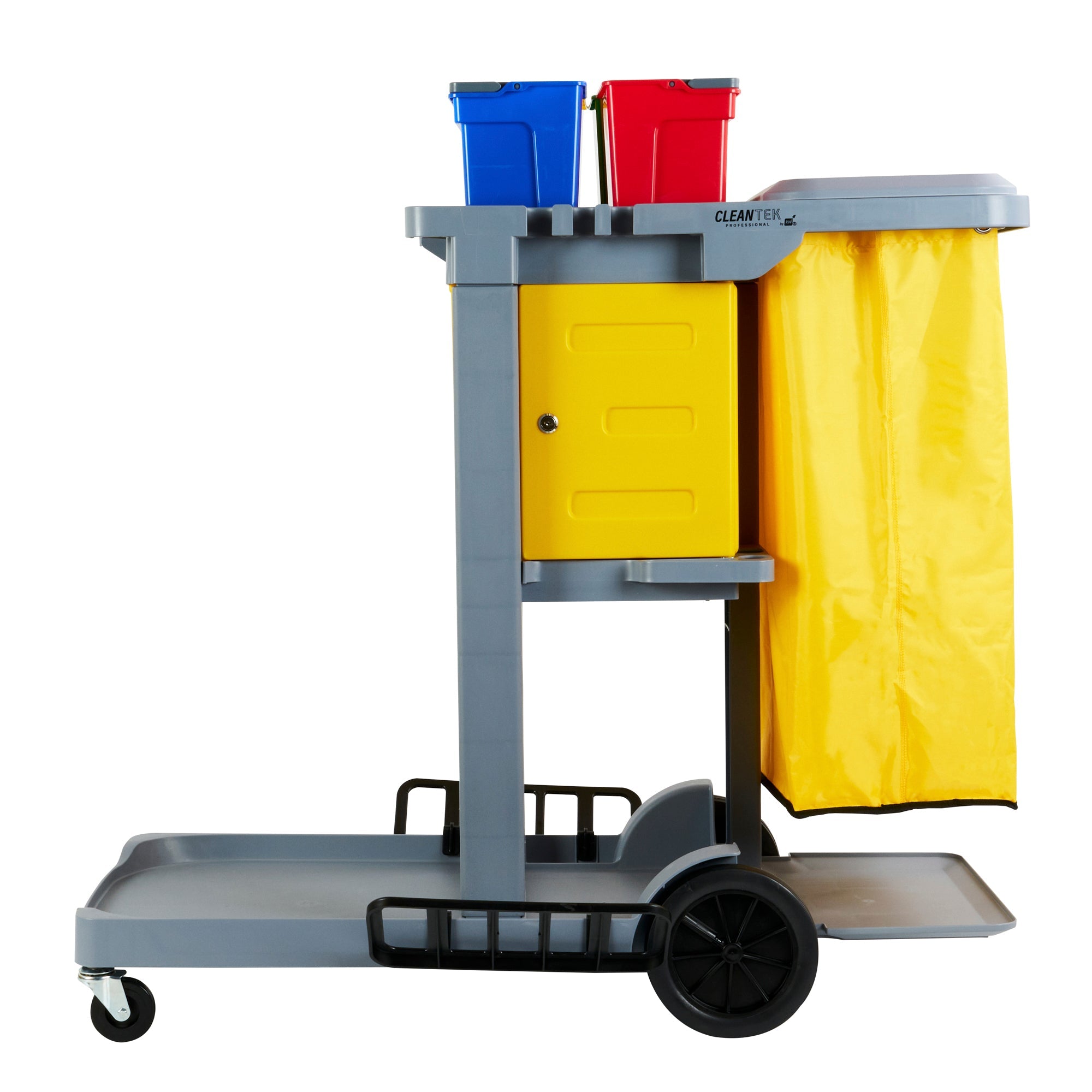 Clean Tek Professional Gray 3-Shelf Janitor Cart - 18 gal Bag, Lid, 4 Buckets and 1 Locking Cabinet - 44" x 28" x 43 1/4" - 1 count box