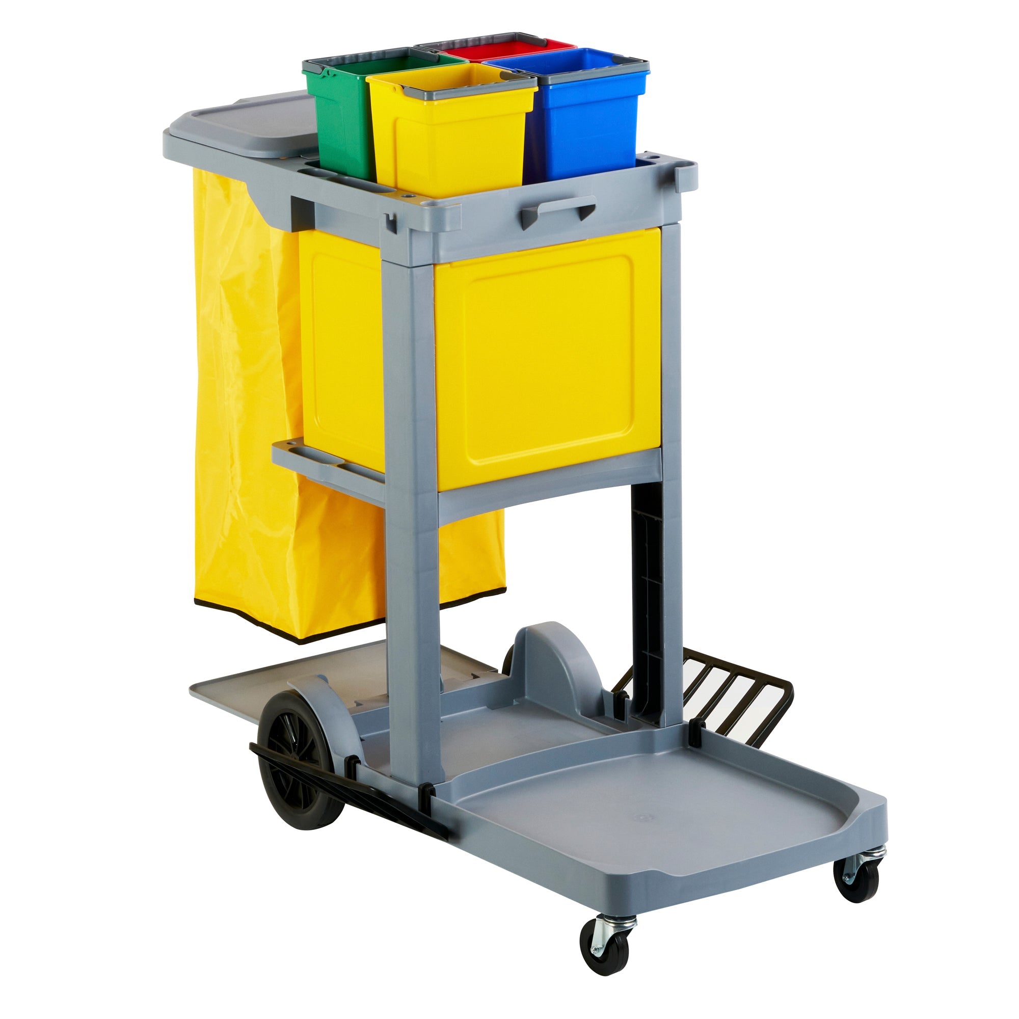 Clean Tek Professional Gray 3-Shelf Janitor Cart - 18 gal Bag, Lid, 4 Buckets and 1 Locking Cabinet - 44" x 28" x 43 1/4" - 1 count box