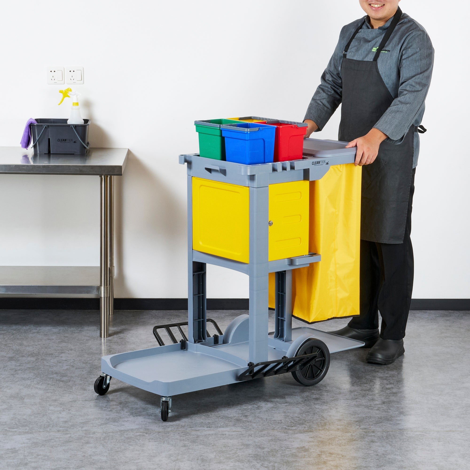 Clean Tek Professional Gray 3-Shelf Janitor Cart - 18 gal Bag, Lid, 4 Buckets and 1 Locking Cabinet - 44" x 28" x 43 1/4" - 1 count box