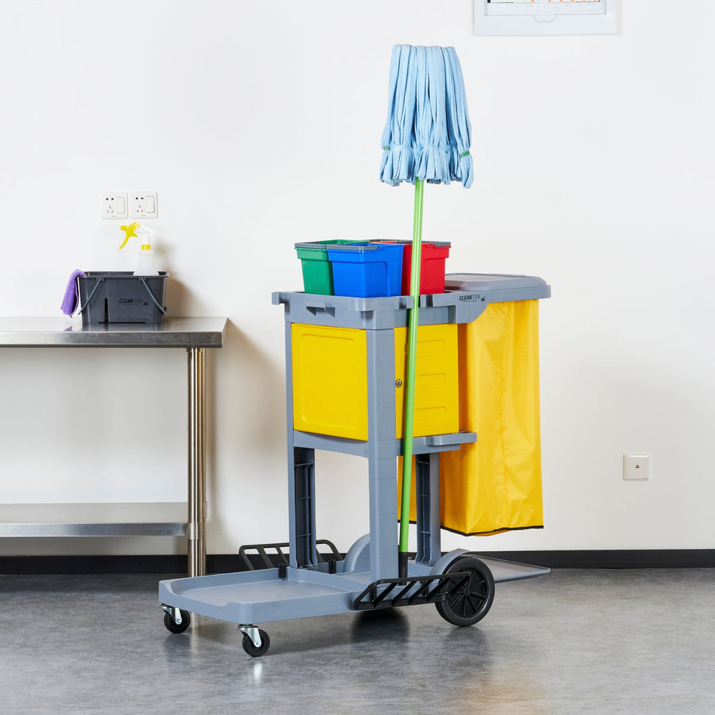 Clean Tek Professional Gray 3-Shelf Janitor Cart - 18 gal Bag, Lid, 4 Buckets and 1 Locking Cabinet - 44" x 28" x 43 1/4" - 1 count box