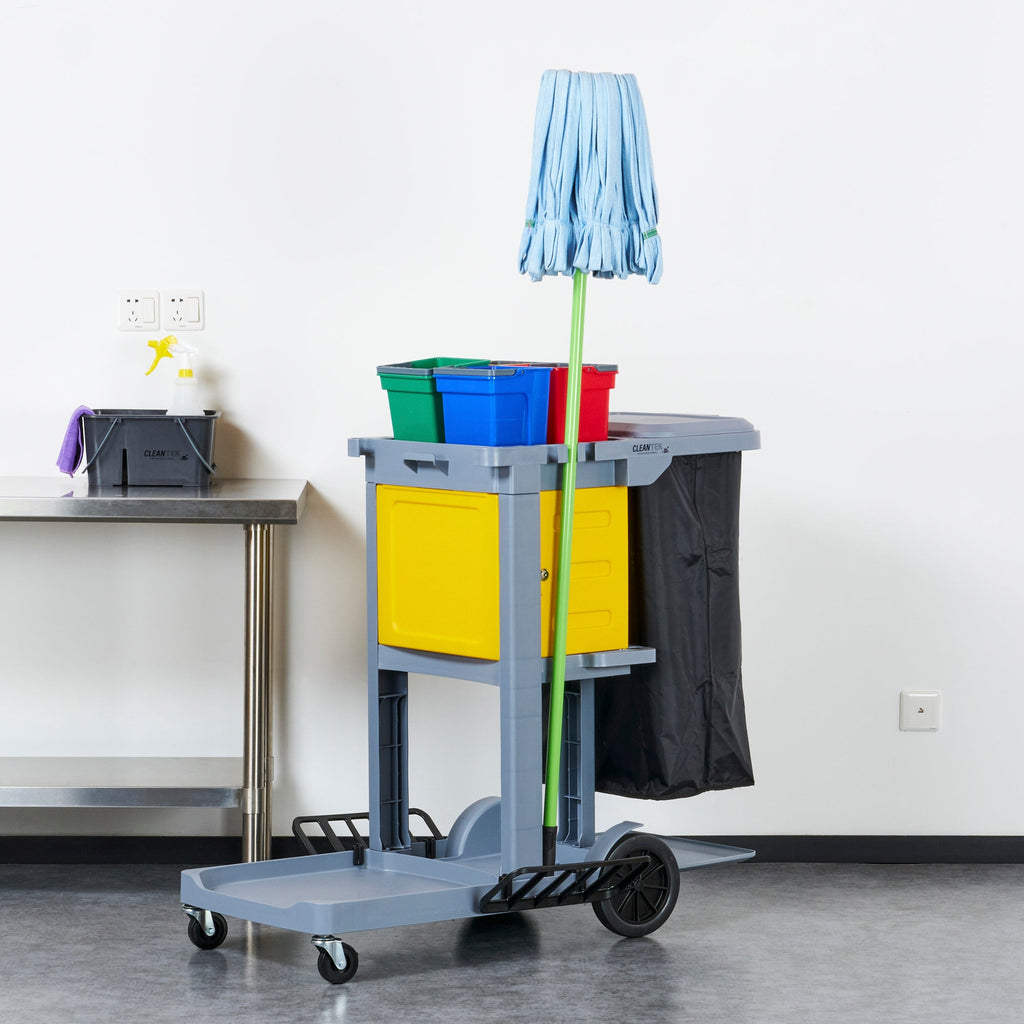 Clean Tek Professional Gray 3-Shelf Janitor Cart - 18 gal Bag, Lid, 4 Buckets and 1 Locking Cabinet - 44" x 28" x 43 1/4" - 1 count box