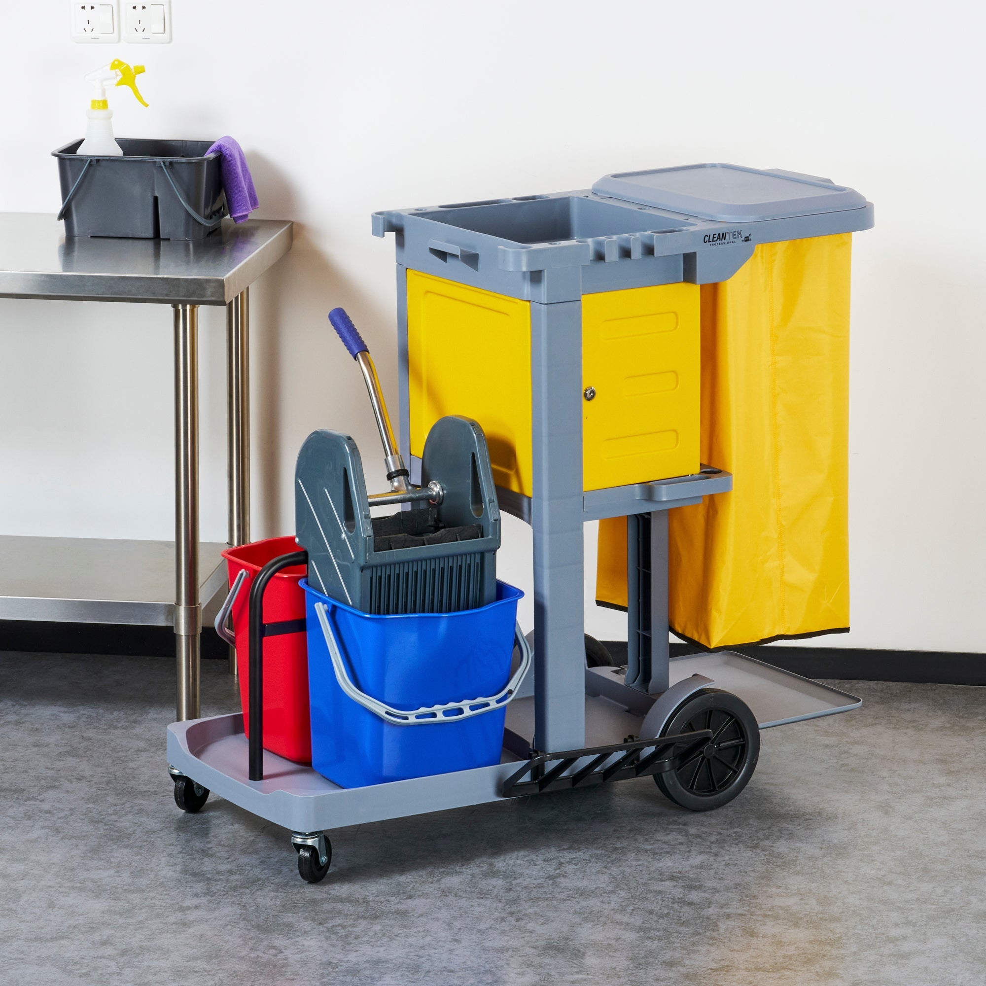 Clean Tek Professional Gray 3-Shelf Janitor Cart - 18 gal Bag, Lid, 2 Buckets, 1 Wringer, 1 Locking Cabinet - 44" x 28" x 39" - 1 count box