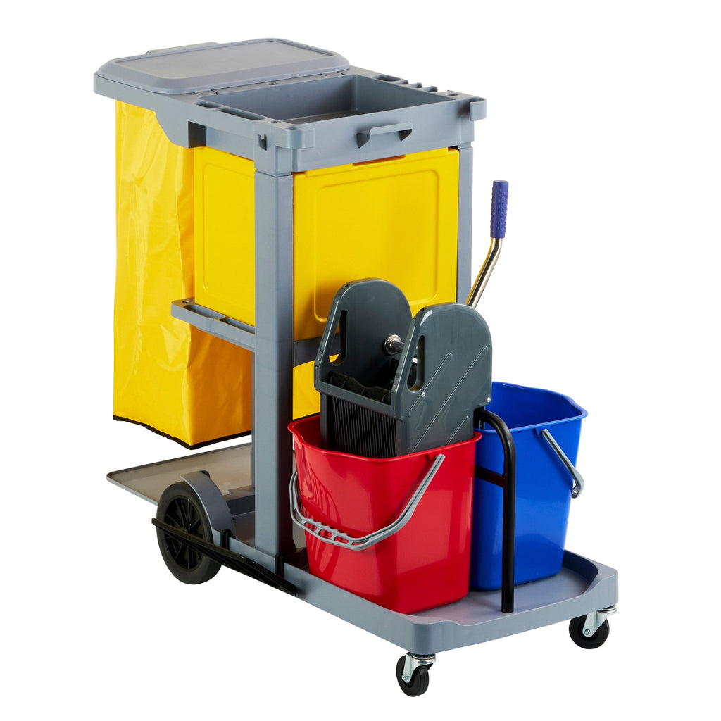 Clean Tek Professional Gray 3-Shelf Janitor Cart - 18 gal Bag, Lid, 2 Buckets, 1 Wringer, 1 Locking Cabinet - 44" x 28" x 39" - 1 count box