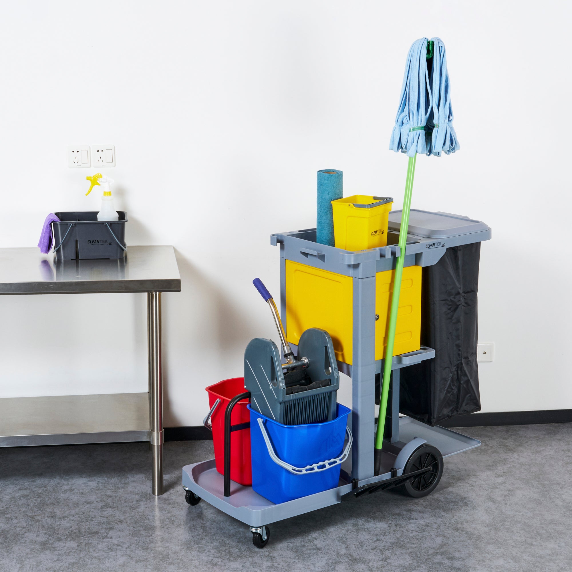 Clean Tek Professional Gray 3-Shelf Janitor Cart - 18 gal Bag, Lid, 2 Buckets, 1 Wringer, 1 Locking Cabinet - 44" x 28" x 39" - 1 count box