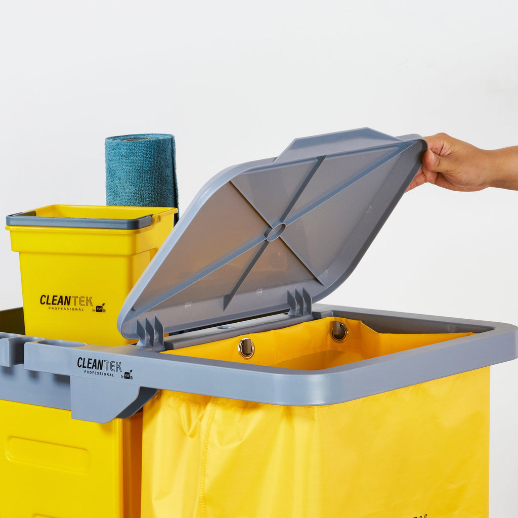 Clean Tek Professional Gray 3-Shelf Janitor Cart - 18 gal Bag, Lid, 2 Buckets, 1 Wringer, 1 Locking Cabinet - 44" x 28" x 39" - 1 count box