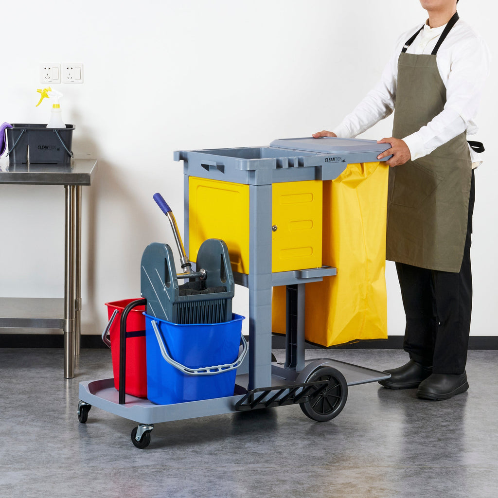 Clean Tek Professional Gray 3-Shelf Janitor Cart - 18 gal Bag, Lid, 2 Buckets, 1 Wringer, 1 Locking Cabinet - 44" x 28" x 39" - 1 count box
