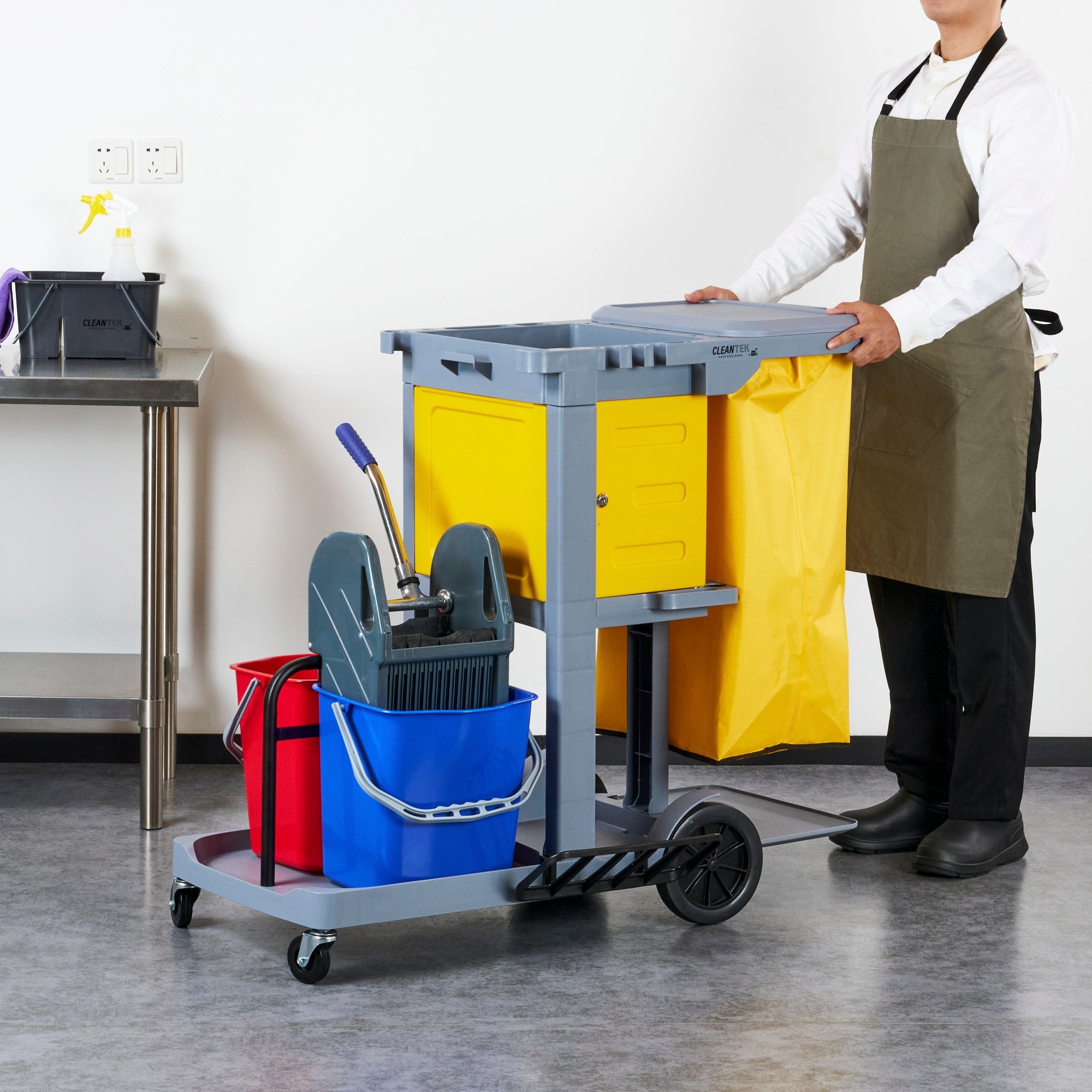 Clean Tek Professional Gray 3-Shelf Janitor Cart - 18 gal Bag, Lid, 2 Buckets, 1 Wringer, 1 Locking Cabinet - 44" x 28" x 39" - 1 count box