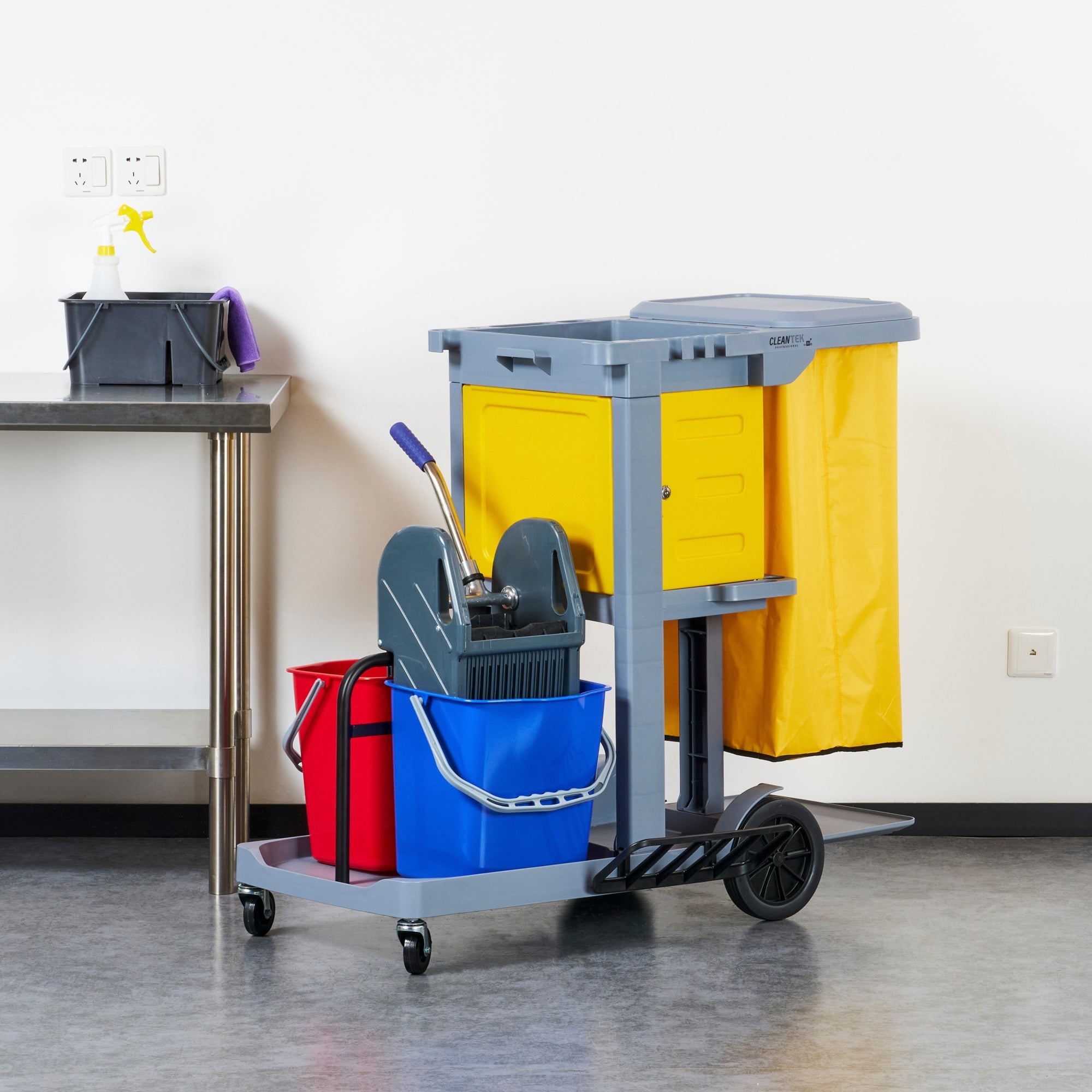 Clean Tek Professional Gray 3-Shelf Janitor Cart - 18 gal Bag, Lid, 2 Buckets, 1 Wringer, 1 Locking Cabinet - 44" x 28" x 39" - 1 count box
