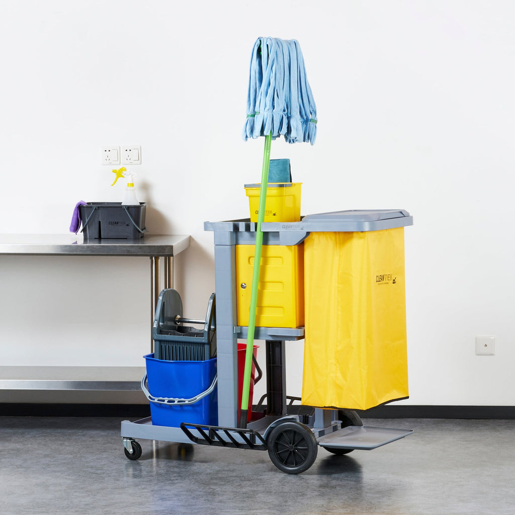 Clean Tek Professional Gray 3-Shelf Janitor Cart - 18 gal Bag, Lid, 2 Buckets, 1 Wringer, 1 Locking Cabinet - 44" x 28" x 39" - 1 count box
