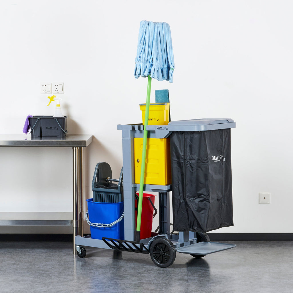 Clean Tek Professional Gray 3-Shelf Janitor Cart - 18 gal Bag, Lid, 2 Buckets, 1 Wringer, 1 Locking Cabinet - 44" x 28" x 39" - 1 count box