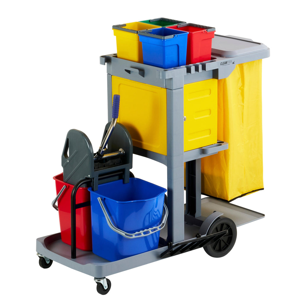 Clean Tek Professional Gray 3-Shelf Janitor Cart - 18 gal Bag,Lid, 6 Buckets,1 Wringer,1 Locking Cabinet - 44" x 28" x 43 1/4" - 1 count box