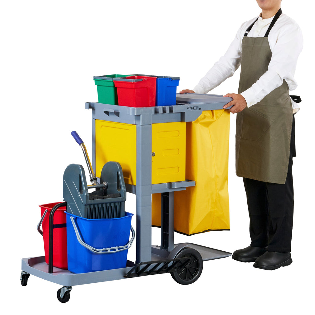 Clean Tek Professional Gray 3-Shelf Janitor Cart - 18 gal Bag,Lid, 6 Buckets,1 Wringer,1 Locking Cabinet - 44" x 28" x 43 1/4" - 1 count box