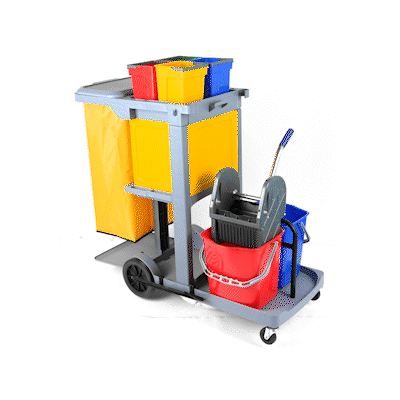 Clean Tek Professional Gray 3-Shelf Janitor Cart - 18 gal Bag,Lid, 6 Buckets,1 Wringer,1 Locking Cabinet - 44" x 28" x 43 1/4" - 1 count box