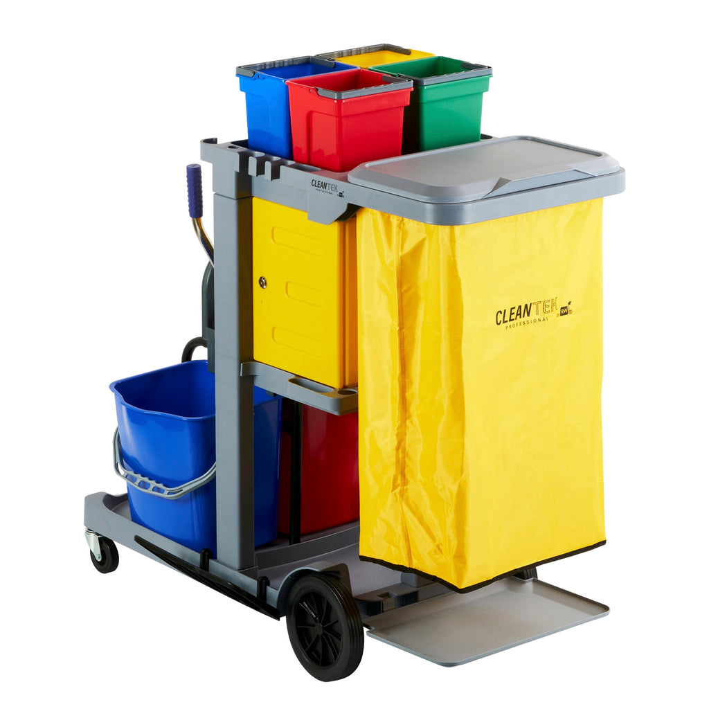 Clean Tek Professional Gray 3-Shelf Janitor Cart - 18 gal Bag,Lid, 6 Buckets,1 Wringer,1 Locking Cabinet - 44" x 28" x 43 1/4" - 1 count box