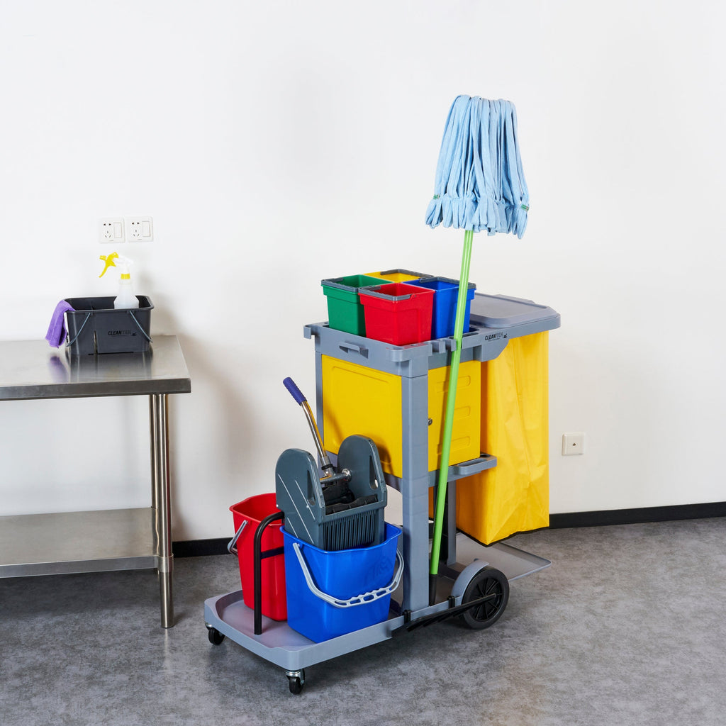 Clean Tek Professional Gray 3-Shelf Janitor Cart - 18 gal Bag,Lid, 6 Buckets,1 Wringer,1 Locking Cabinet - 44" x 28" x 43 1/4" - 1 count box