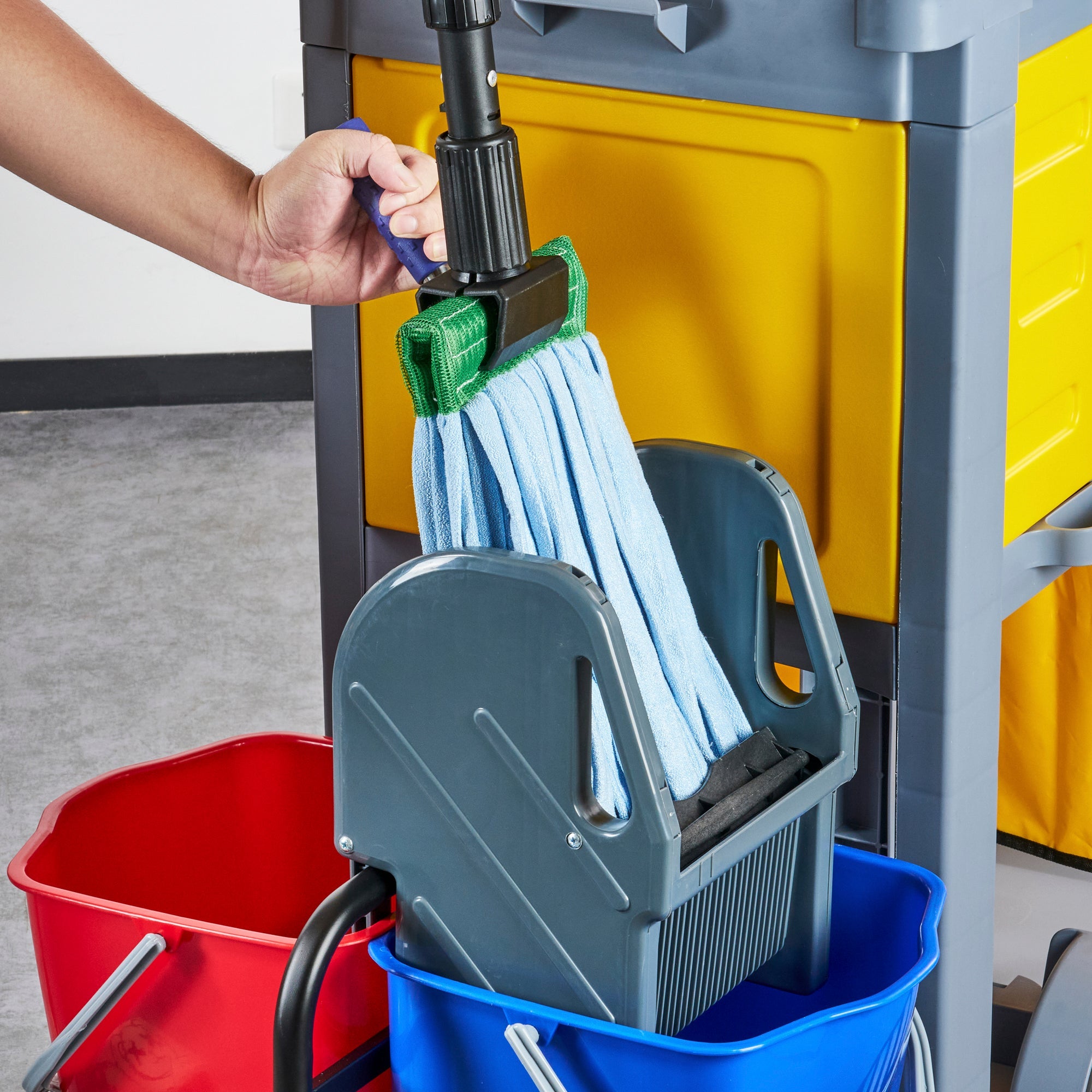 Clean Tek Professional Gray 3-Shelf Janitor Cart - 18 gal Bag,Lid, 6 Buckets,1 Wringer,1 Locking Cabinet - 44" x 28" x 43 1/4" - 1 count box