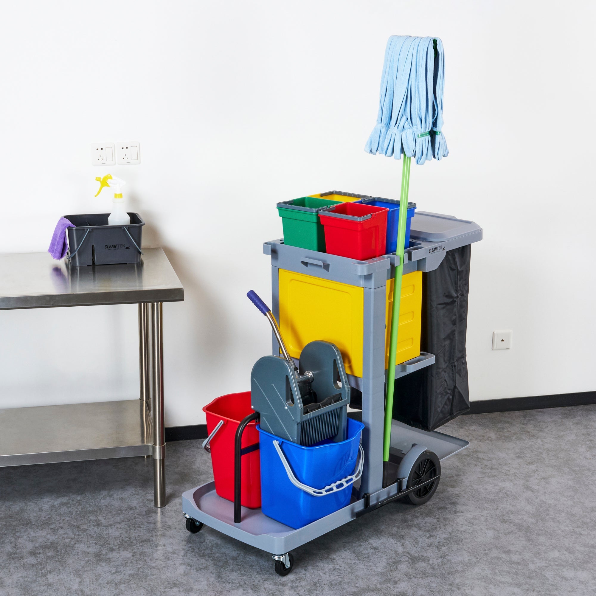 Clean Tek Professional Gray 3-Shelf Janitor Cart - 18 gal Bag,Lid, 6 Buckets,1 Wringer,1 Locking Cabinet - 44" x 28" x 43 1/4" - 1 count box