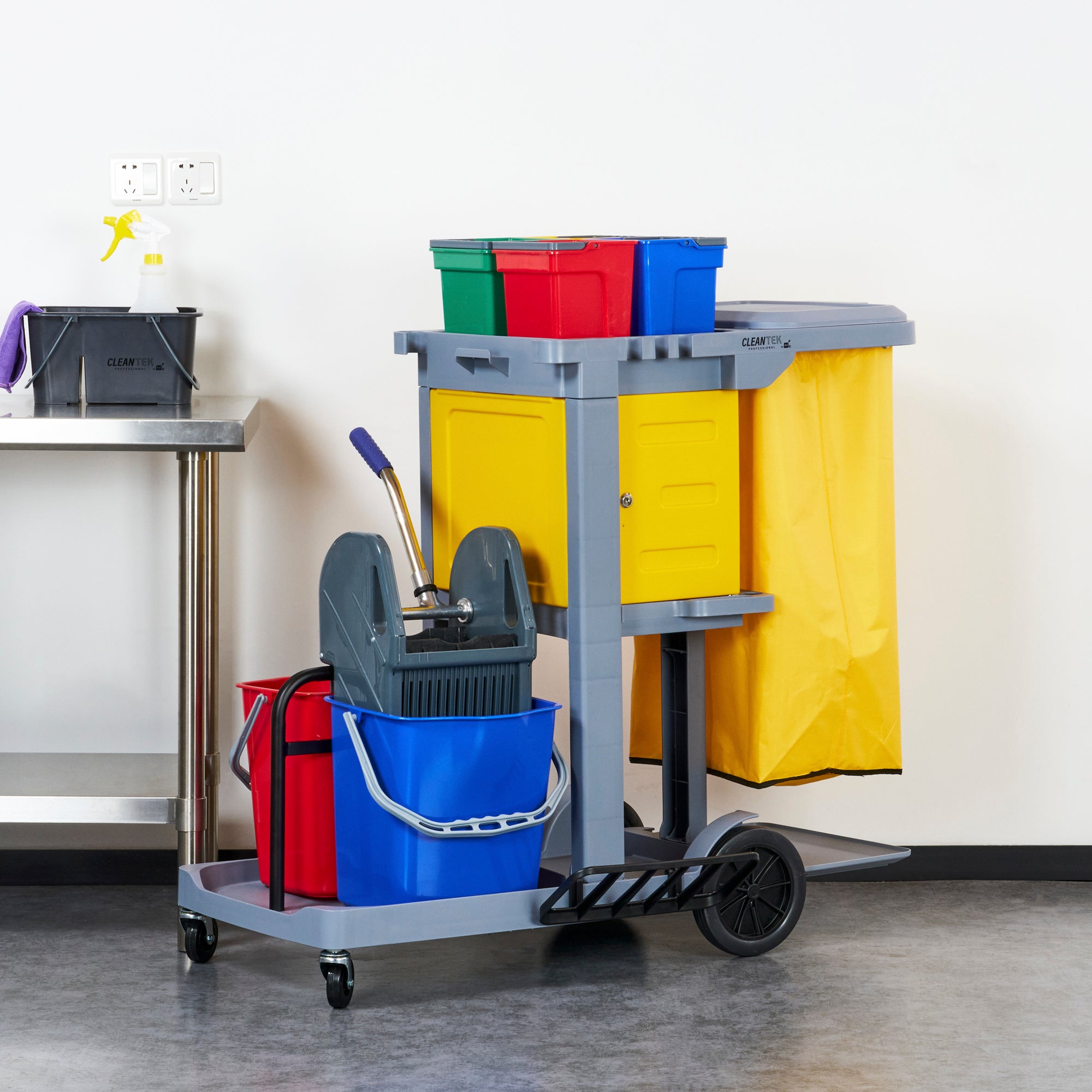 Clean Tek Professional Gray 3-Shelf Janitor Cart - 18 gal Bag,Lid, 6 Buckets,1 Wringer,1 Locking Cabinet - 44" x 28" x 43 1/4" - 1 count box