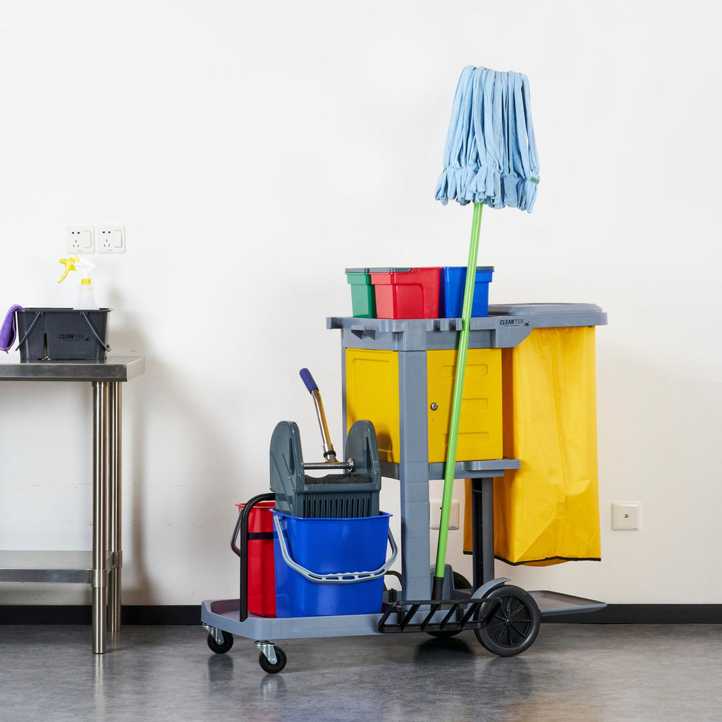 Clean Tek Professional Gray 3-Shelf Janitor Cart - 18 gal Bag,Lid, 6 Buckets,1 Wringer,1 Locking Cabinet - 44" x 28" x 43 1/4" - 1 count box
