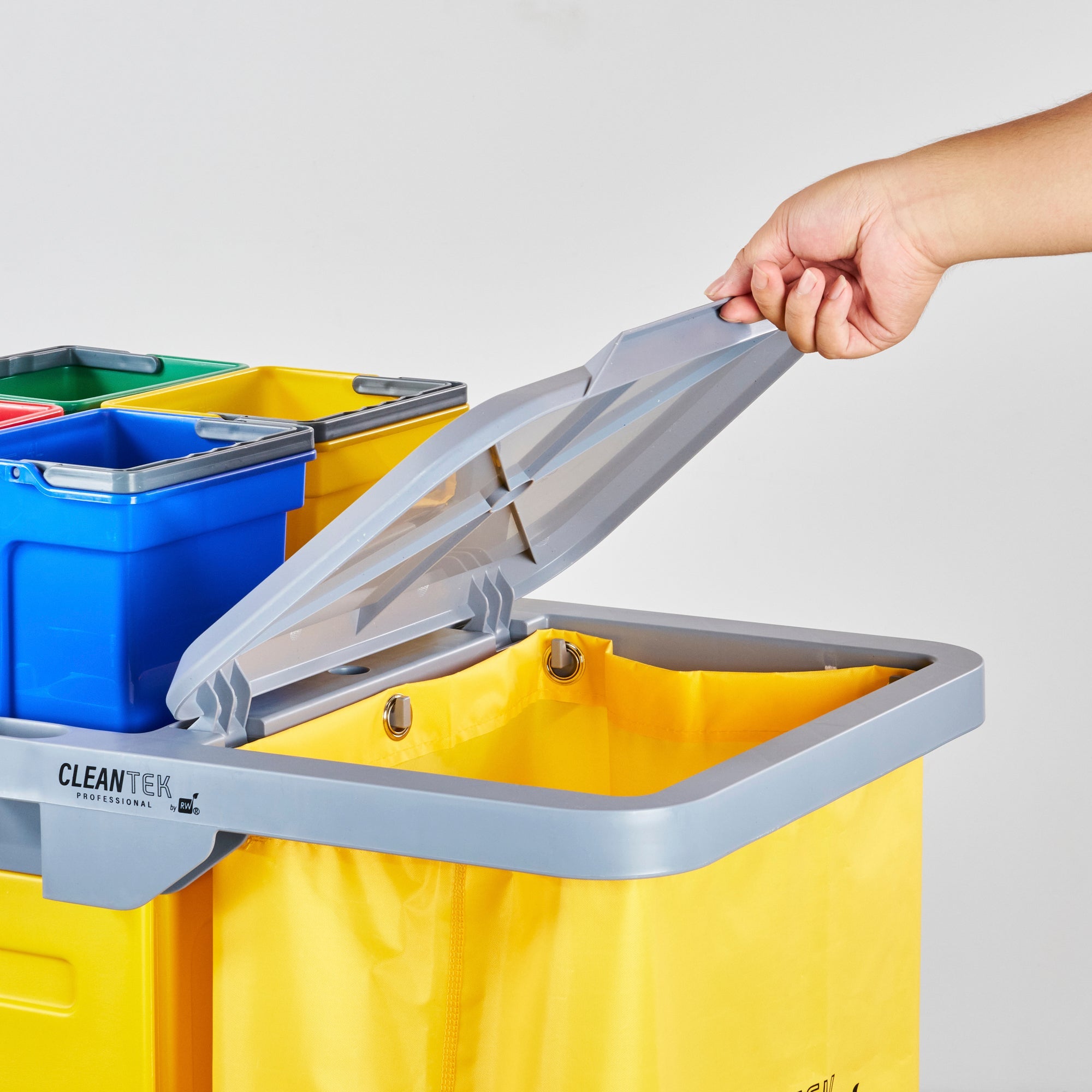 Clean Tek Professional Gray 3-Shelf Janitor Cart - 18 gal Bag,Lid, 6 Buckets,1 Wringer,1 Locking Cabinet - 44" x 28" x 43 1/4" - 1 count box