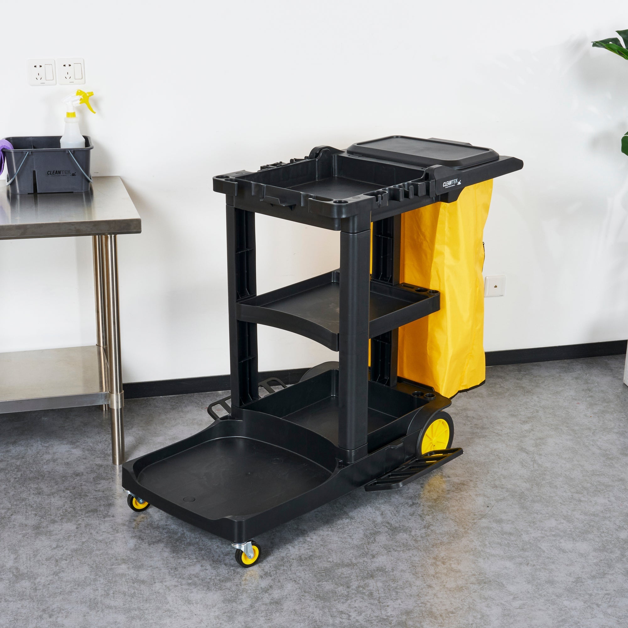 Clean Tek Professional Black Heavy Duty 3-Shelf Janitor Cart - 21 gal Bag, Lid - 52 1/4" x 33 1/2" x 39" - 1 count box