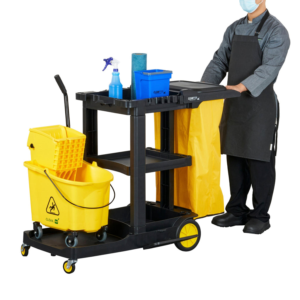 Clean Tek Professional Black Heavy Duty 3-Shelf Janitor Cart - 21 gal Bag, Lid - 52 1/4" x 33 1/2" x 39" - 1 count box