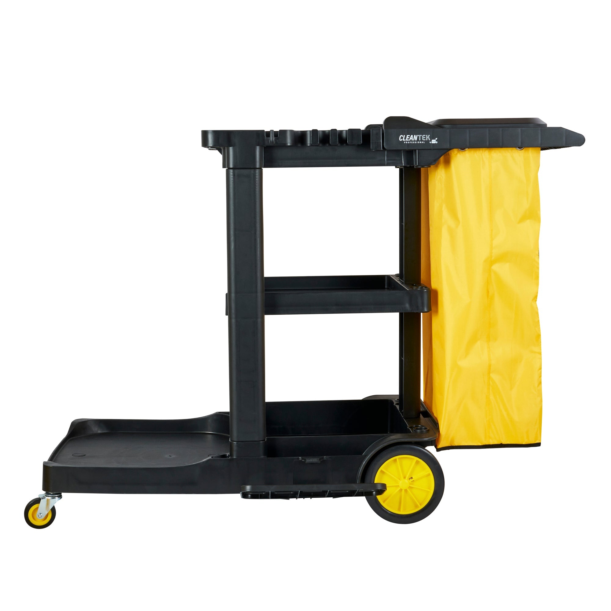 Clean Tek Professional Black Heavy Duty 3-Shelf Janitor Cart - 21 gal Bag, Lid - 52 1/4" x 33 1/2" x 39" - 1 count box