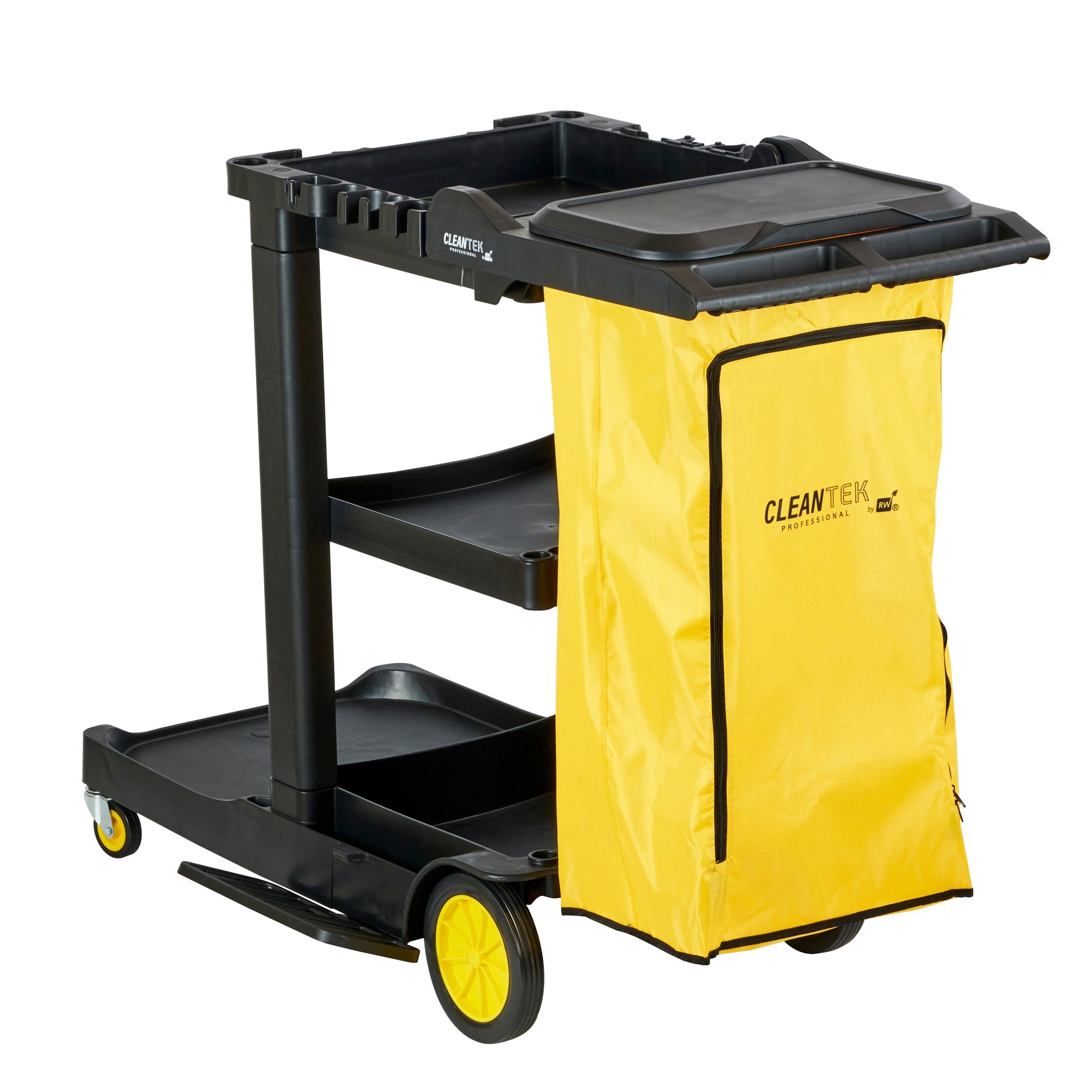 Clean Tek Professional Black Heavy Duty 3-Shelf Janitor Cart - 21 gal Bag, Lid - 52 1/4" x 33 1/2" x 39" - 1 count box