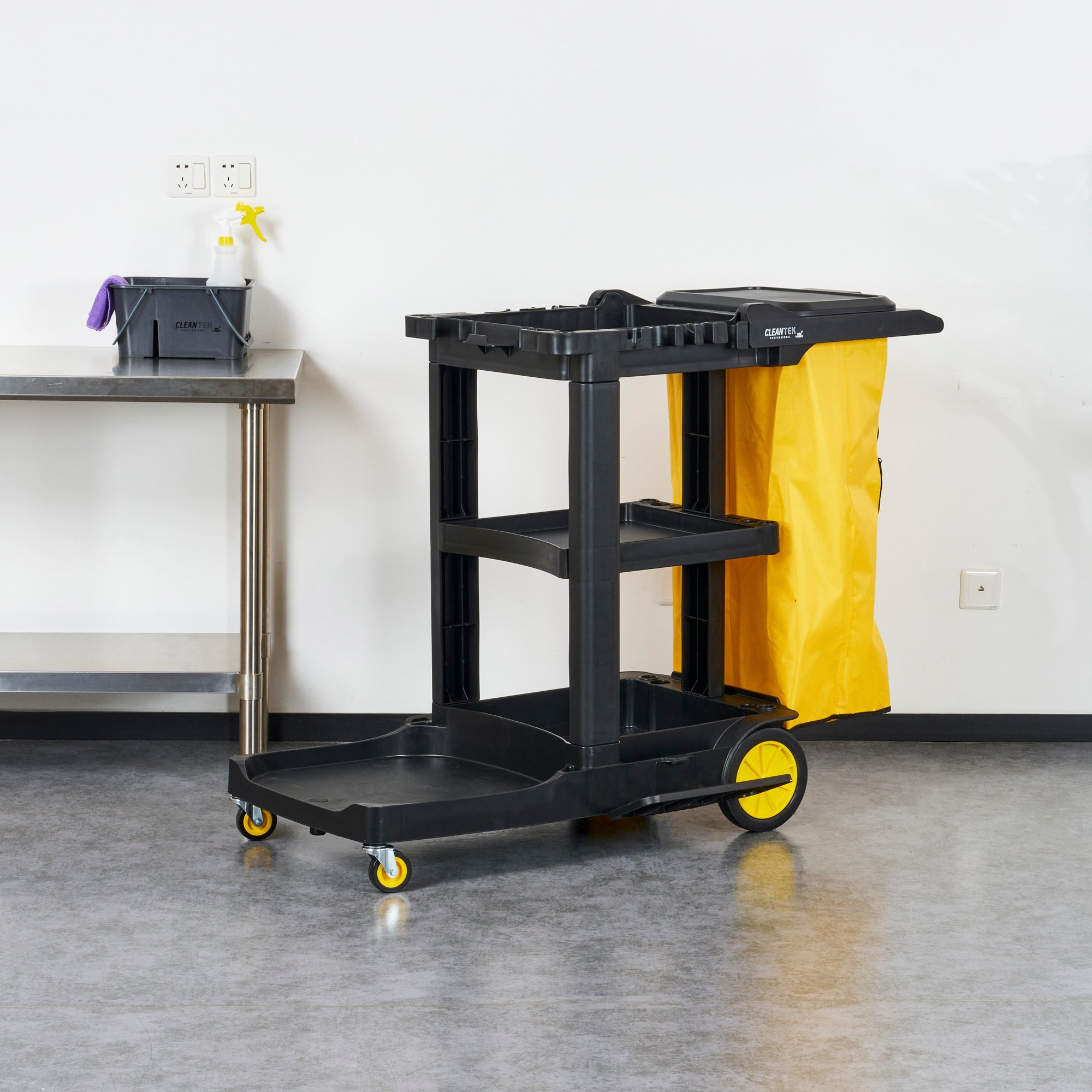 Clean Tek Professional Black Heavy Duty 3-Shelf Janitor Cart - 21 gal Bag, Lid - 52 1/4" x 33 1/2" x 39" - 1 count box