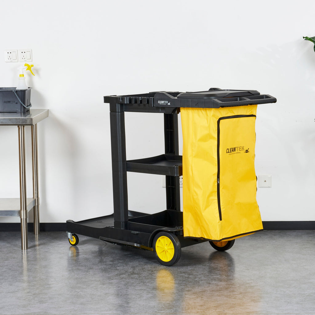 Clean Tek Professional Black Heavy Duty 3-Shelf Janitor Cart - 21 gal Bag, Lid - 52 1/4" x 33 1/2" x 39" - 1 count box