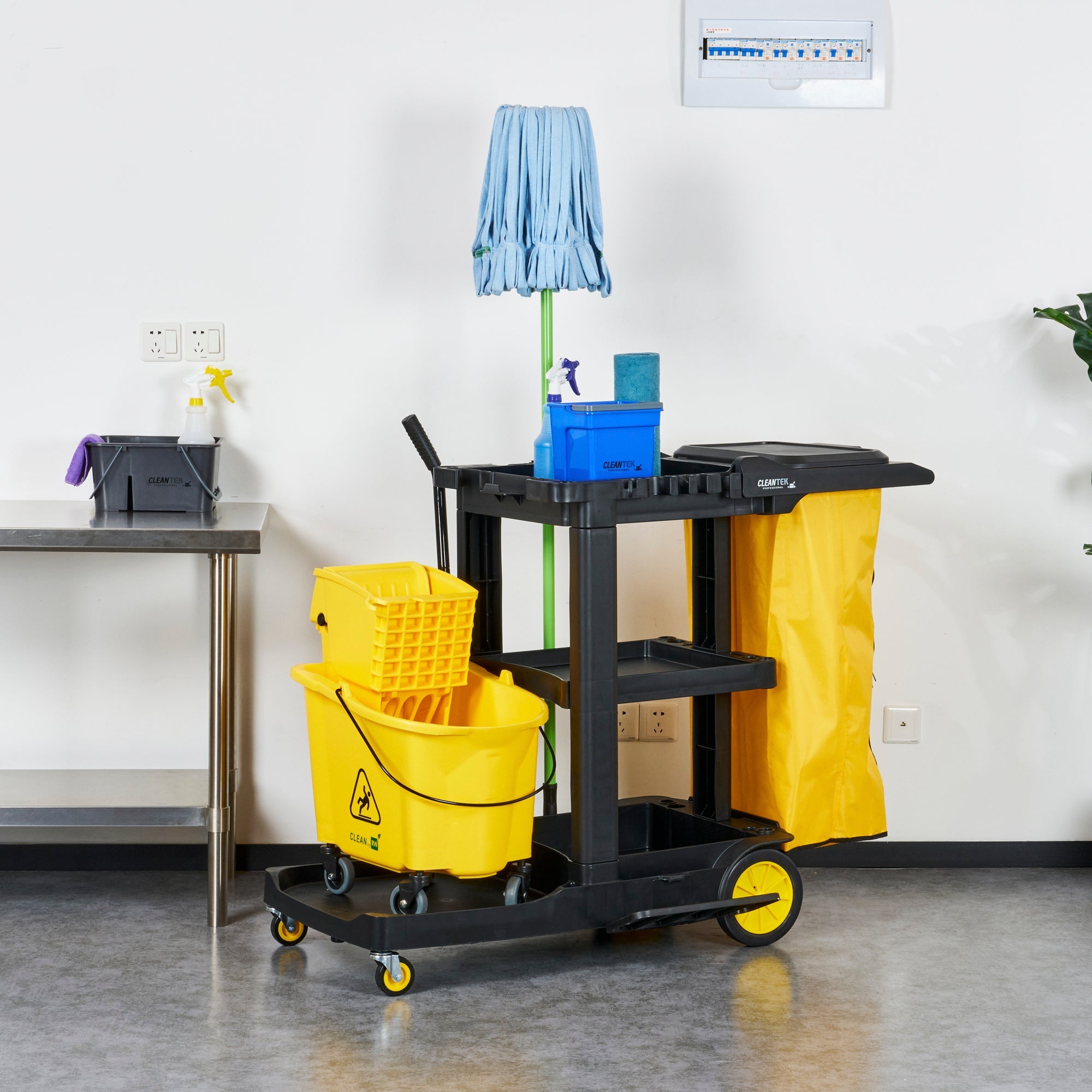 Clean Tek Professional Black Heavy Duty 3-Shelf Janitor Cart - 21 gal Bag, Lid - 52 1/4" x 33 1/2" x 39" - 1 count box