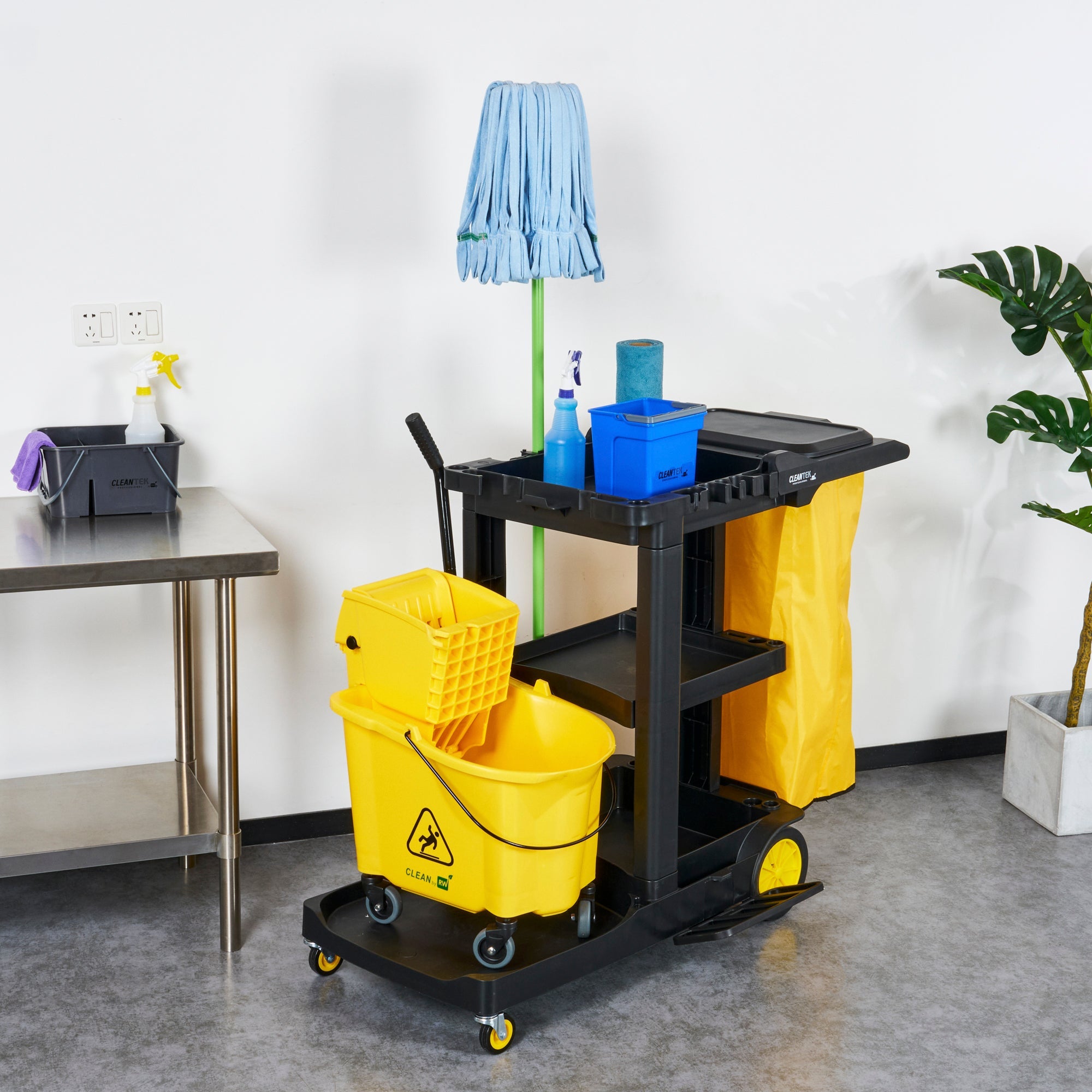 Clean Tek Professional Black Heavy Duty 3-Shelf Janitor Cart - 21 gal Bag, Lid - 52 1/4" x 33 1/2" x 39" - 1 count box