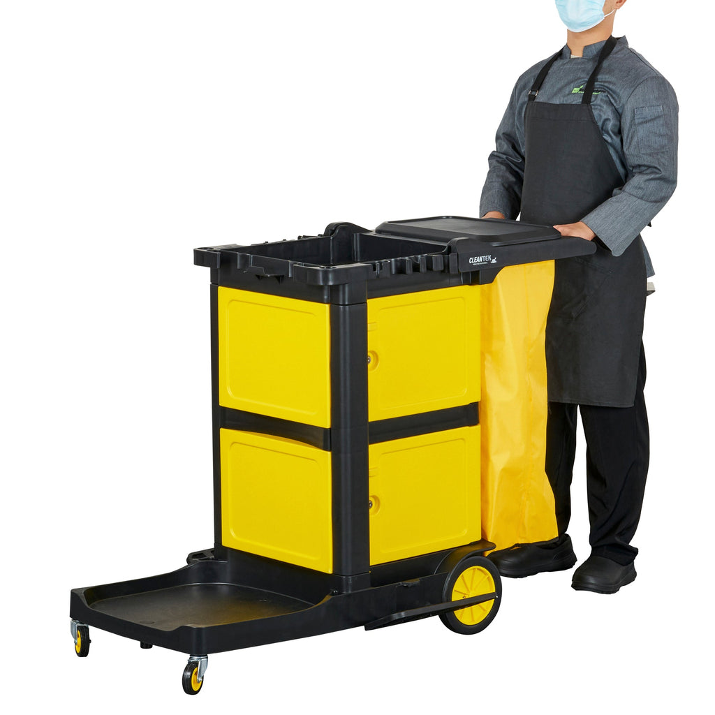 Clean Tek Professional Black Heavy Duty 3-Shelf Janitor Cart - 21 gal Bag, Lid,Double Locking Cabinet- 52 1/4" x 33 1/2" x 39" - 1 count box