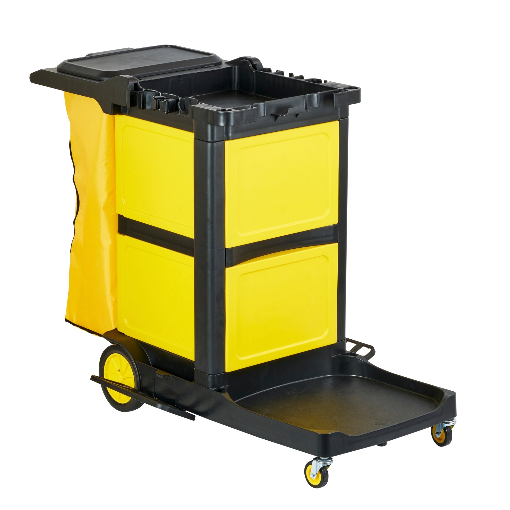 Clean Tek Professional Black Heavy Duty 3-Shelf Janitor Cart - 21 gal Bag, Lid,Double Locking Cabinet- 52 1/4" x 33 1/2" x 39" - 1 count box