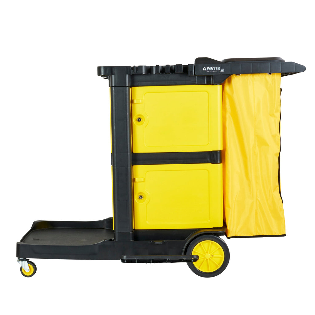 Clean Tek Professional Black Heavy Duty 3-Shelf Janitor Cart - 21 gal Bag, Lid,Double Locking Cabinet- 52 1/4" x 33 1/2" x 39" - 1 count box
