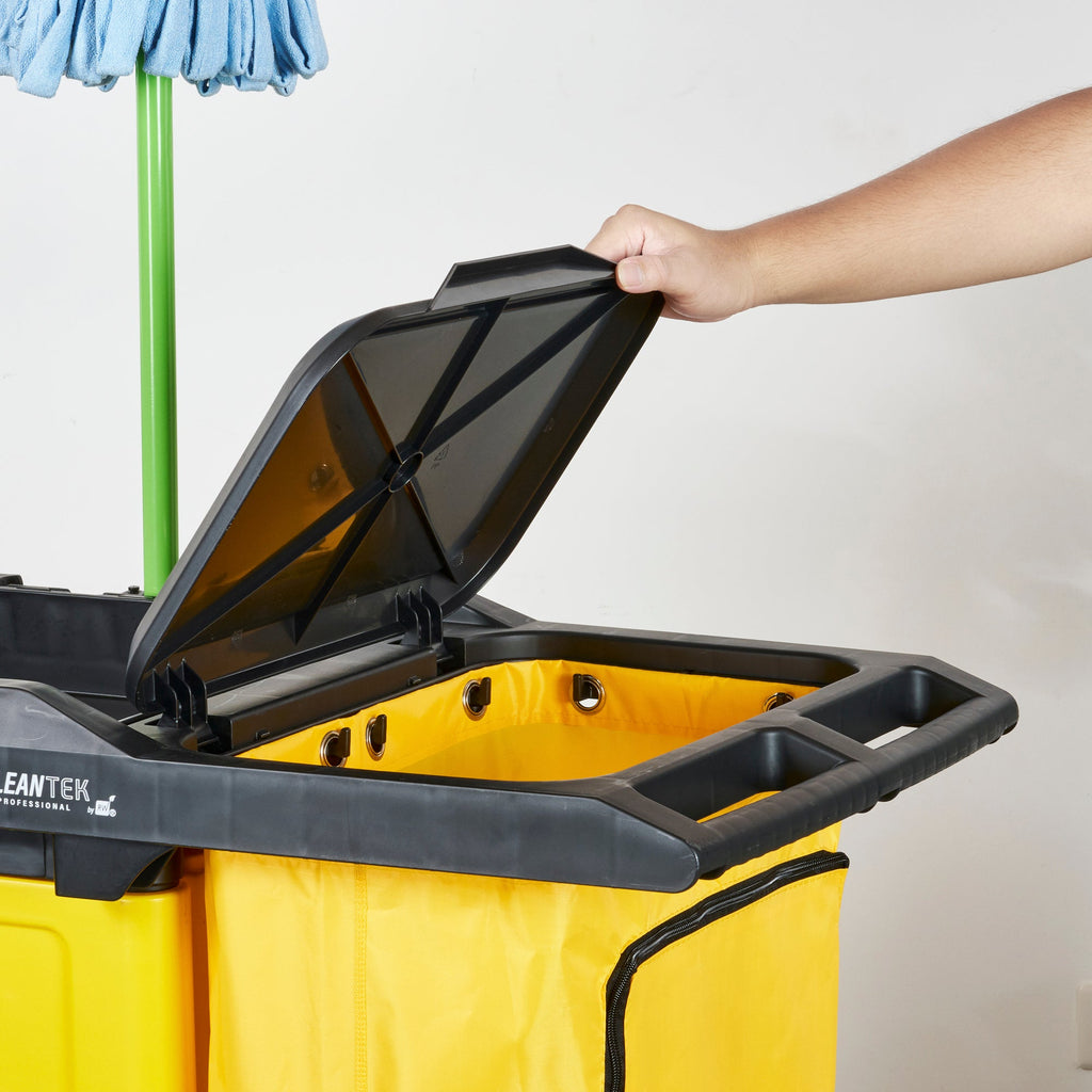 Clean Tek Professional Black Heavy Duty 3-Shelf Janitor Cart - 21 gal Bag, Lid,Double Locking Cabinet- 52 1/4" x 33 1/2" x 39" - 1 count box