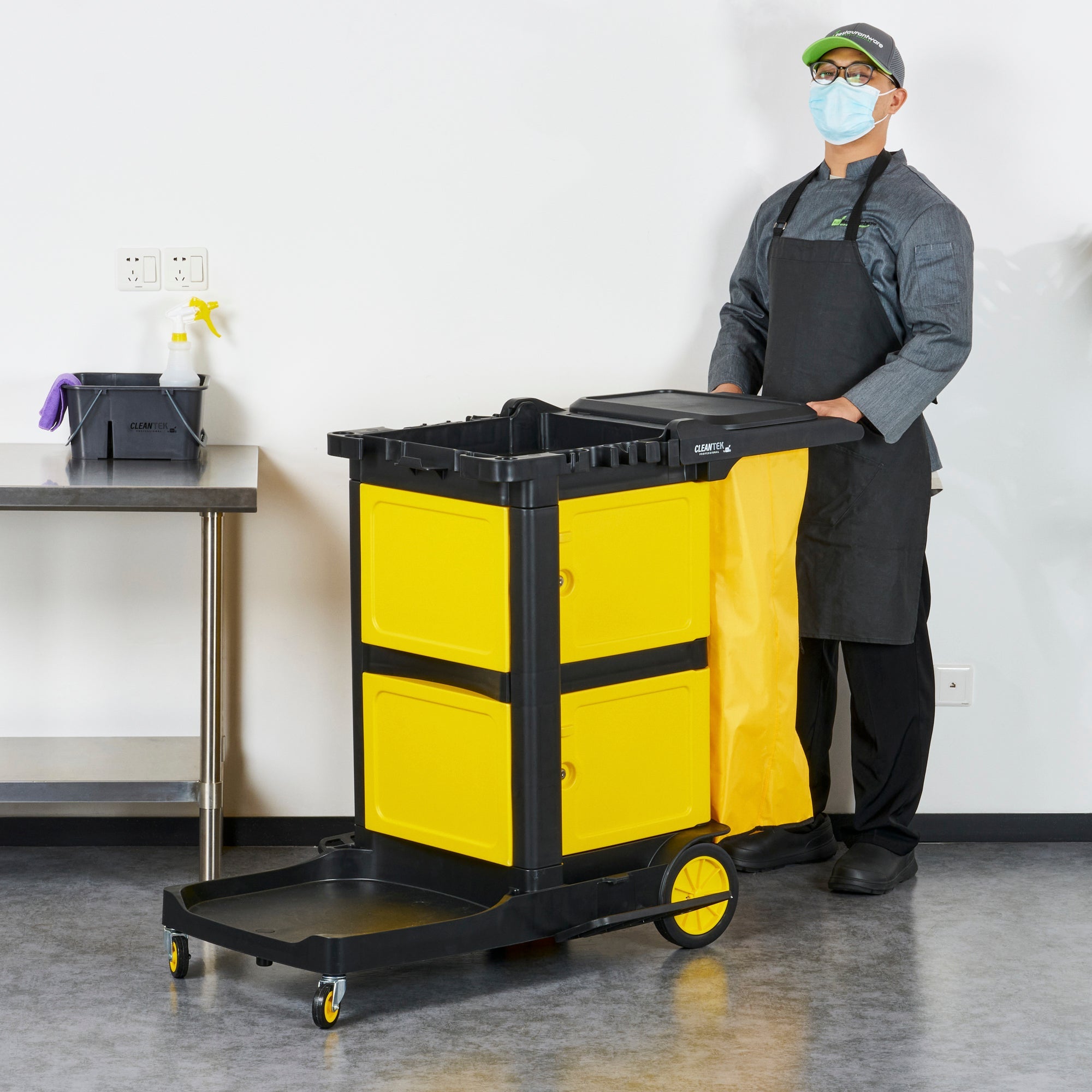 Clean Tek Professional Black Heavy Duty 3-Shelf Janitor Cart - 21 gal Bag, Lid,Double Locking Cabinet- 52 1/4" x 33 1/2" x 39" - 1 count box