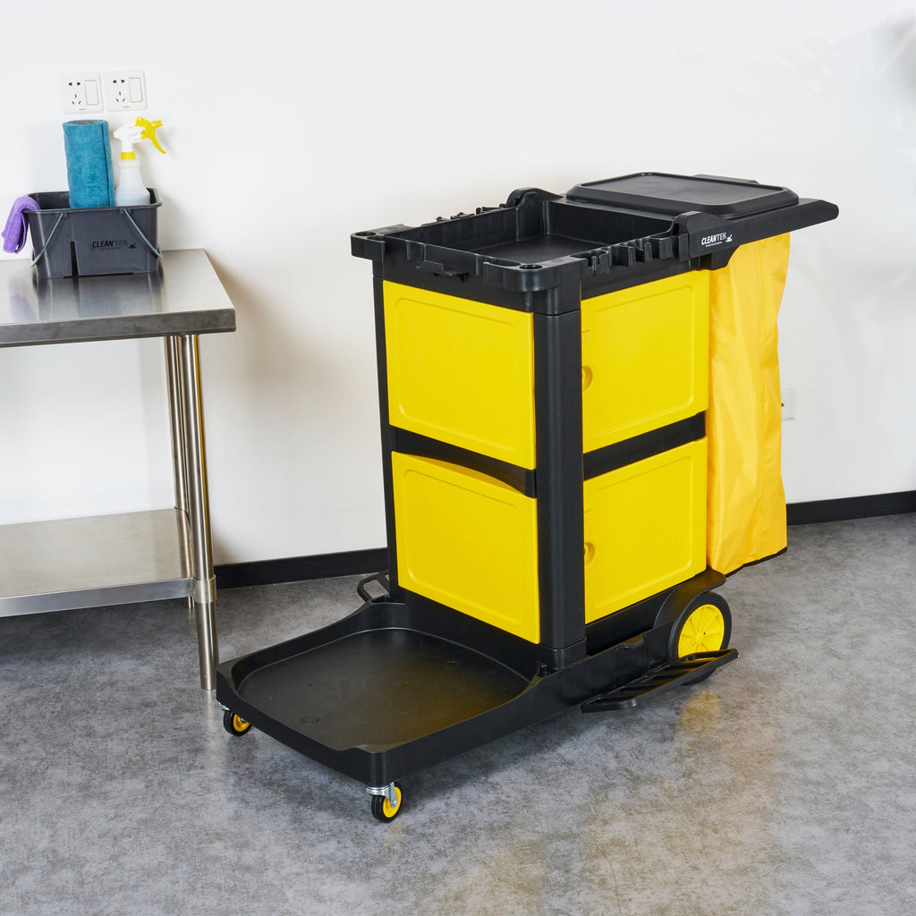 Clean Tek Professional Black Heavy Duty 3-Shelf Janitor Cart - 21 gal Bag, Lid,Double Locking Cabinet- 52 1/4" x 33 1/2" x 39" - 1 count box
