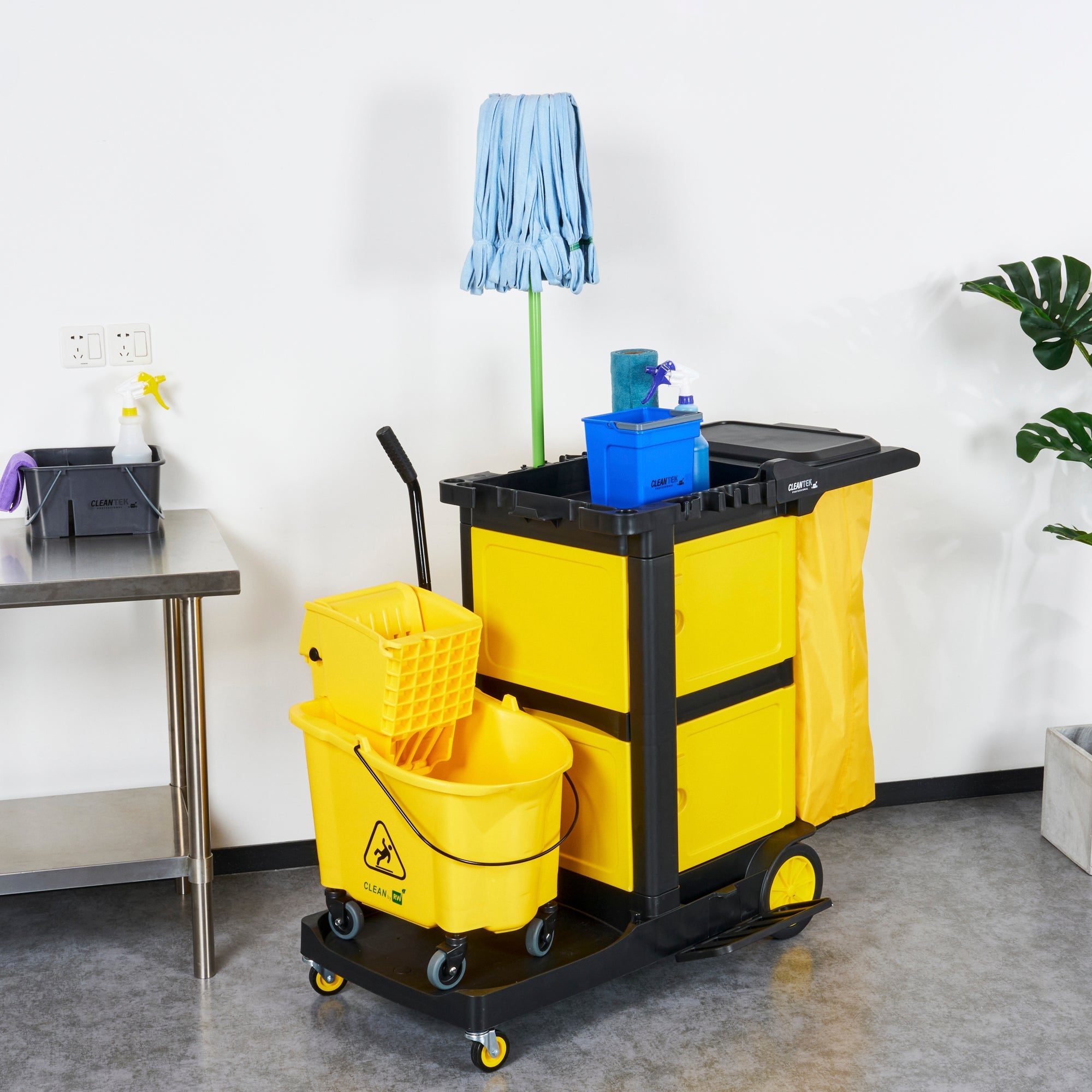 Clean Tek Professional Black Heavy Duty 3-Shelf Janitor Cart - 21 gal Bag, Lid,Double Locking Cabinet- 52 1/4" x 33 1/2" x 39" - 1 count box