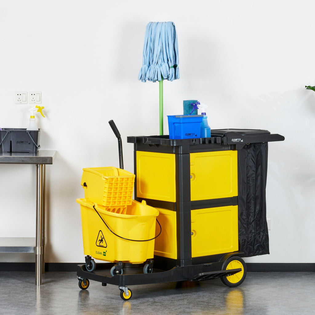 Clean Tek Professional Black Heavy Duty 3-Shelf Janitor Cart - 21 gal Bag, Lid,Double Locking Cabinet- 52 1/4" x 33 1/2" x 39" - 1 count box