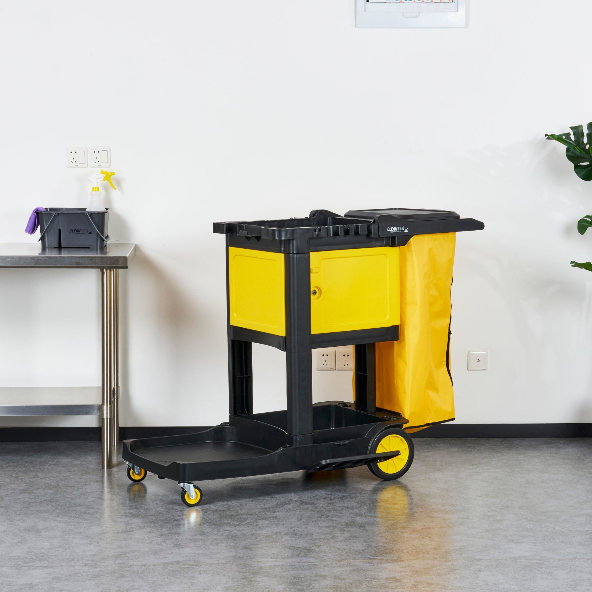 Clean Tek Professional Black Heavy Duty 3-Shelf Janitor Cart - 21 gal Bag,Lid,Single Locking Cabinet - 53 1/2" x 33 1/2" x 39" - 1 count box