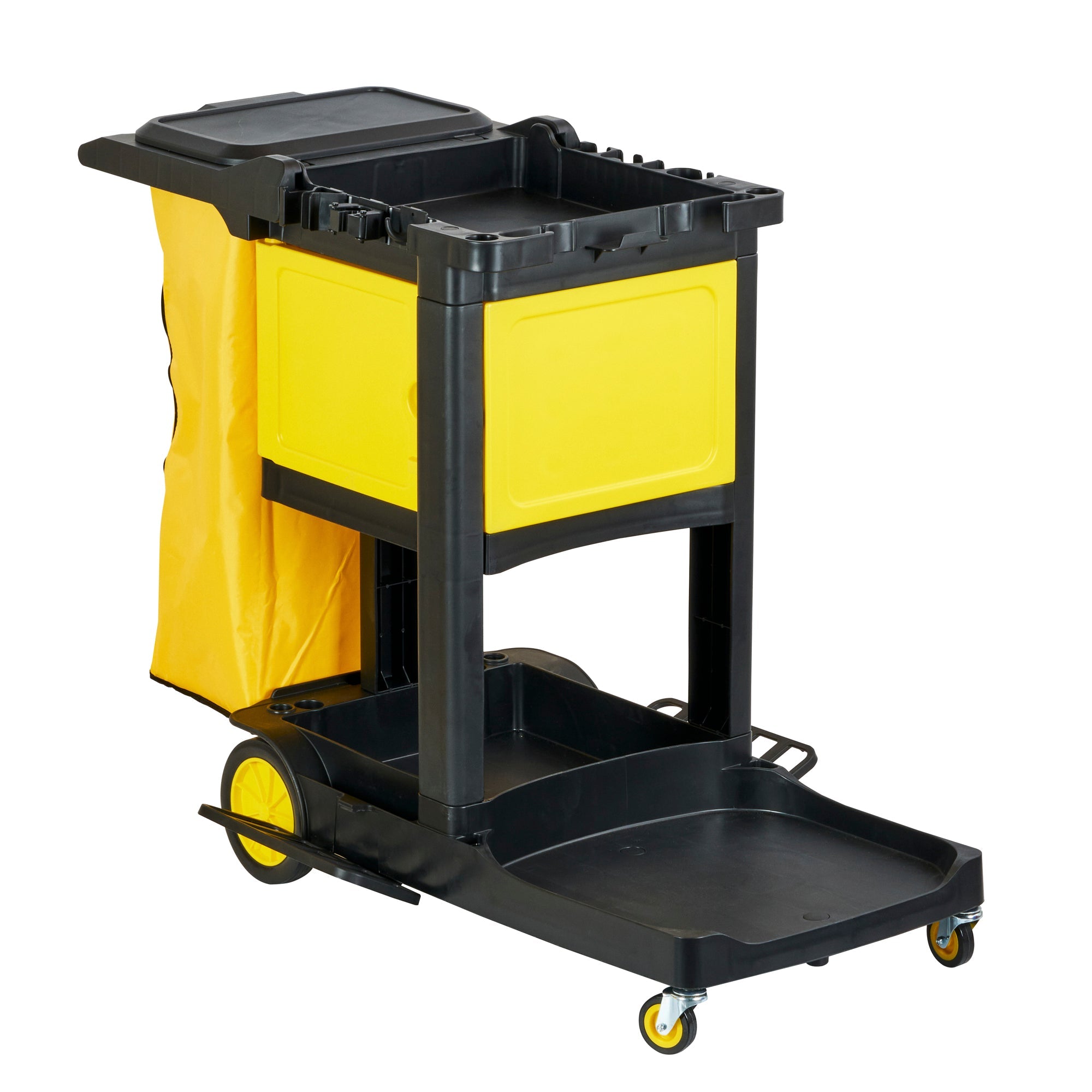 Clean Tek Professional Black Heavy Duty 3-Shelf Janitor Cart - 21 gal Bag,Lid,Single Locking Cabinet - 53 1/2" x 33 1/2" x 39" - 1 count box