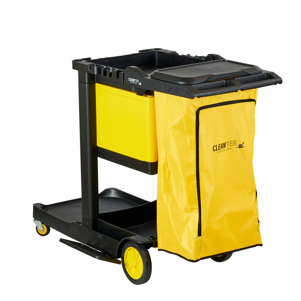 Clean Tek Professional Black Heavy Duty 3-Shelf Janitor Cart - 21 gal Bag,Lid,Single Locking Cabinet - 53 1/2" x 33 1/2" x 39" - 1 count box
