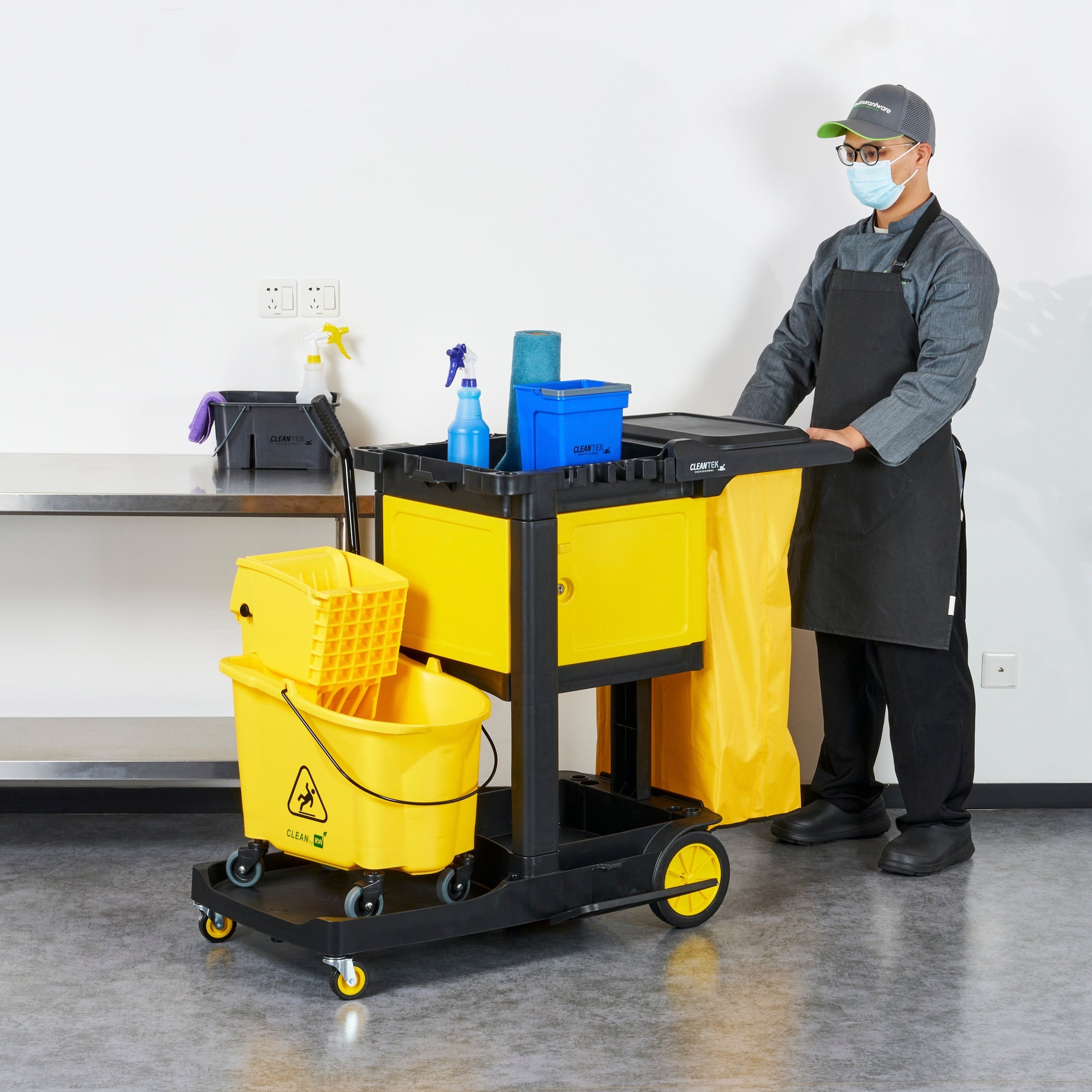 Clean Tek Professional Black Heavy Duty 3-Shelf Janitor Cart - 21 gal Bag,Lid,Single Locking Cabinet - 53 1/2" x 33 1/2" x 39" - 1 count box