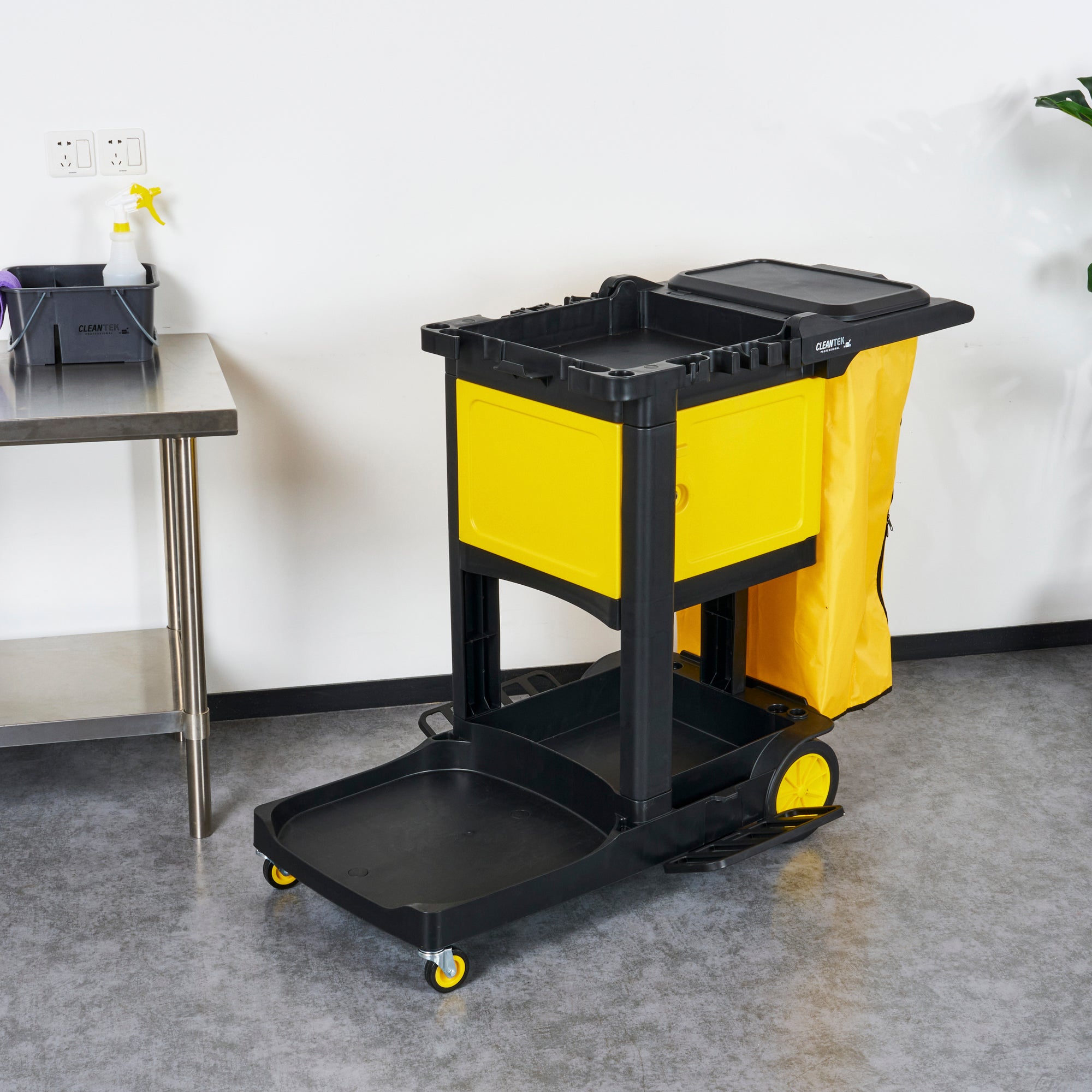 Clean Tek Professional Black Heavy Duty 3-Shelf Janitor Cart - 21 gal Bag,Lid,Single Locking Cabinet - 53 1/2" x 33 1/2" x 39" - 1 count box