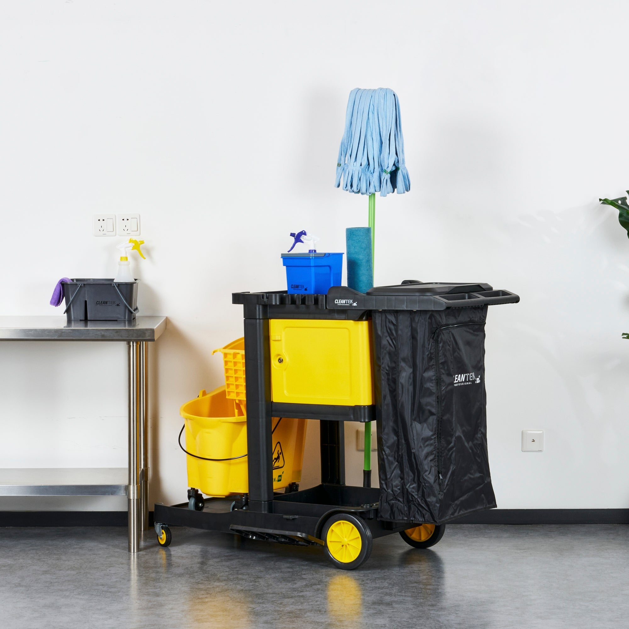Clean Tek Professional Black Heavy Duty 3-Shelf Janitor Cart - 21 gal Bag,Lid,Single Locking Cabinet - 53 1/2" x 33 1/2" x 39" - 1 count box