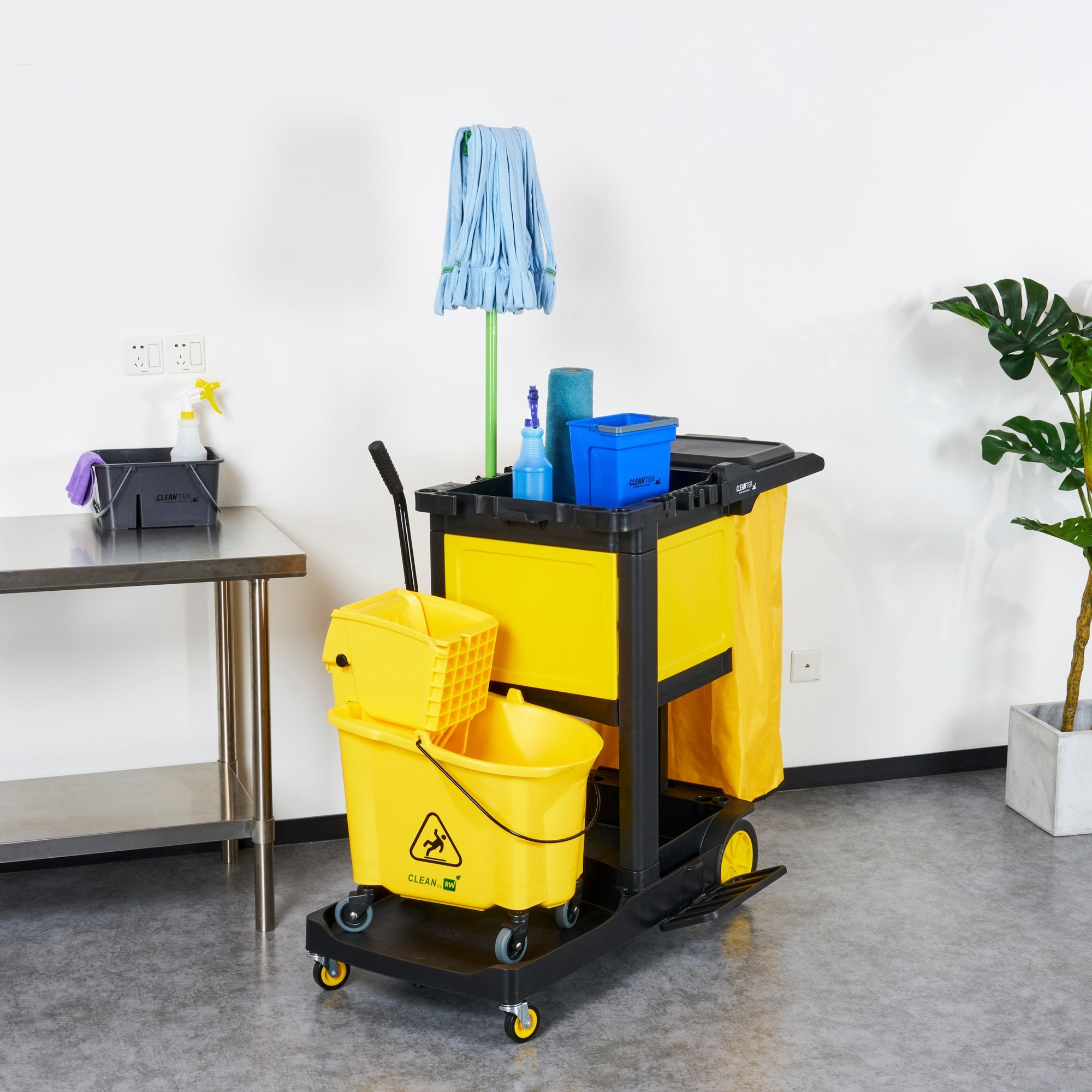Clean Tek Professional Black Heavy Duty 3-Shelf Janitor Cart - 21 gal Bag,Lid,Single Locking Cabinet - 53 1/2" x 33 1/2" x 39" - 1 count box